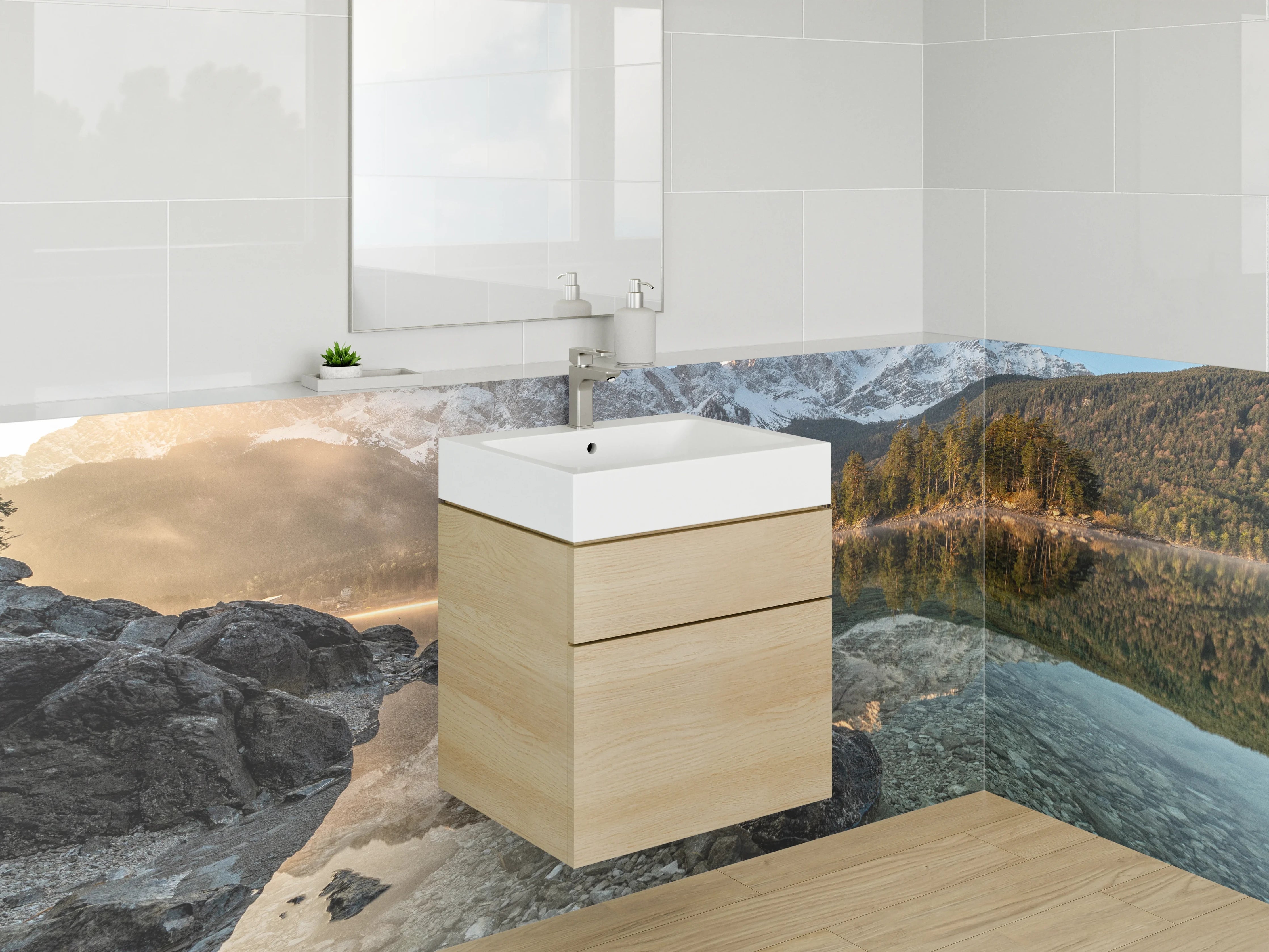 Waschbecken-Rückwand - Weiße Bergkulisse mit Alpensee