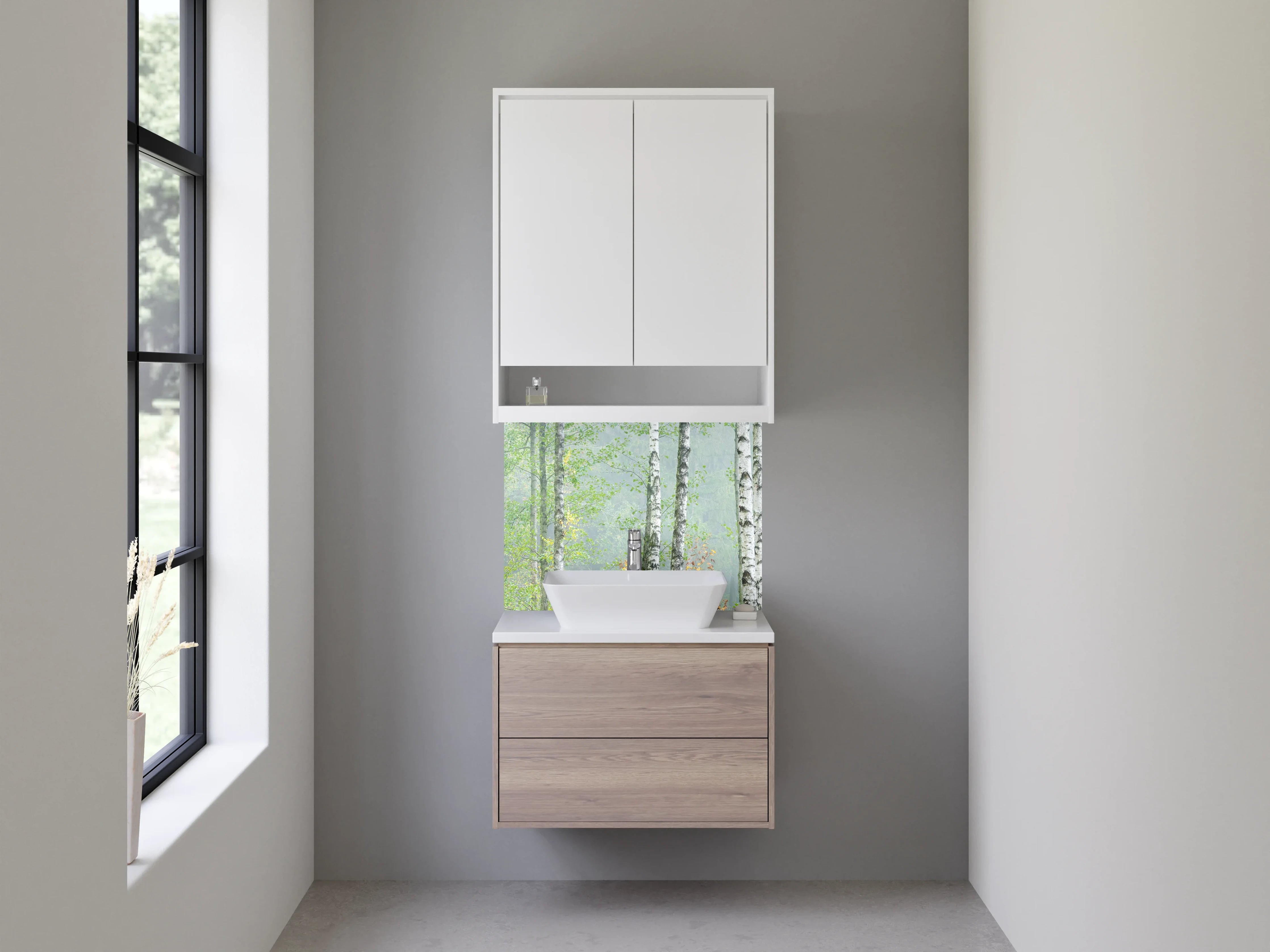 Waschbecken-Rückwand - Weiße Birken im Nebel