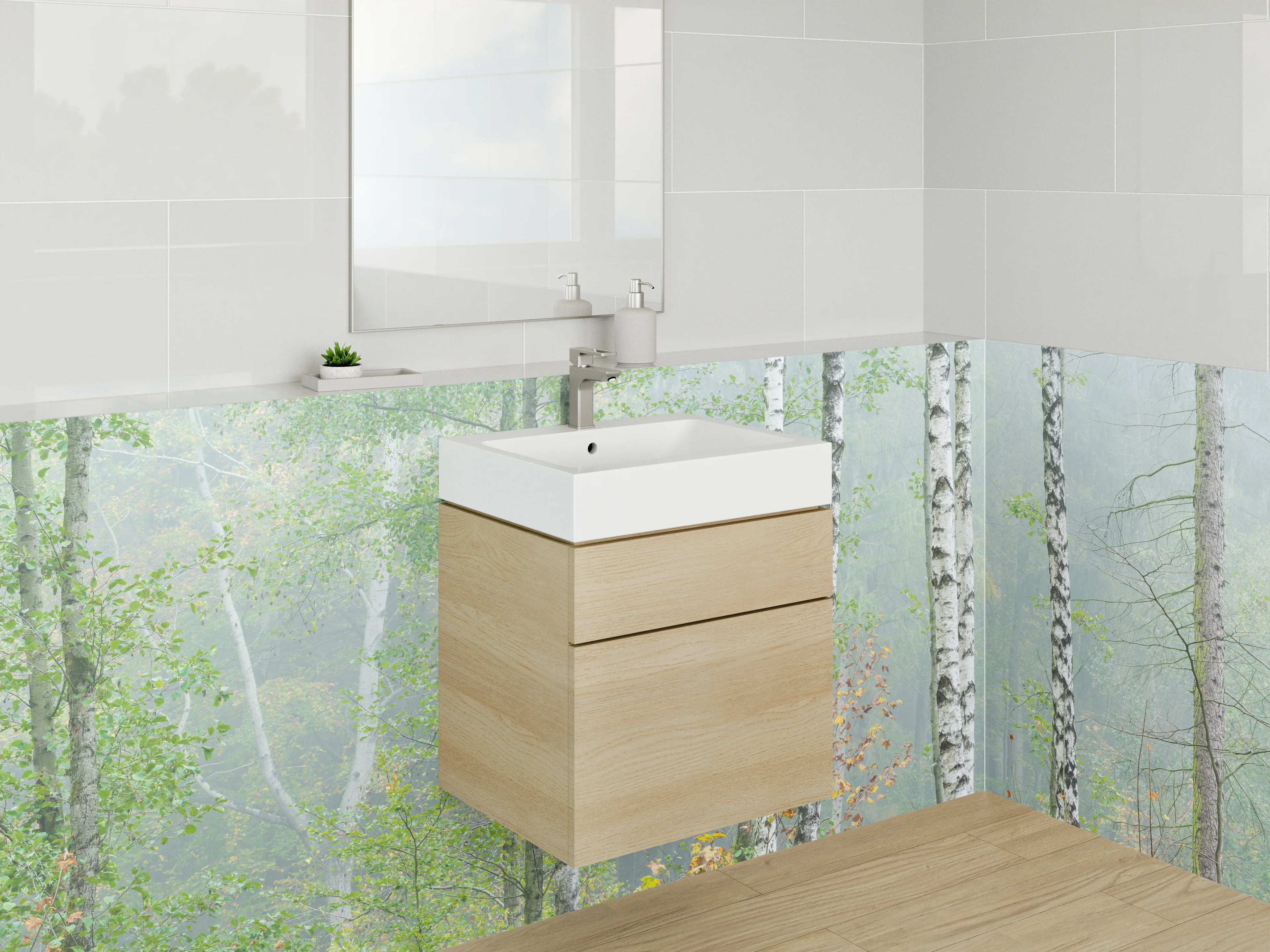 Waschbecken-Rückwand - Weiße Birken im Nebel