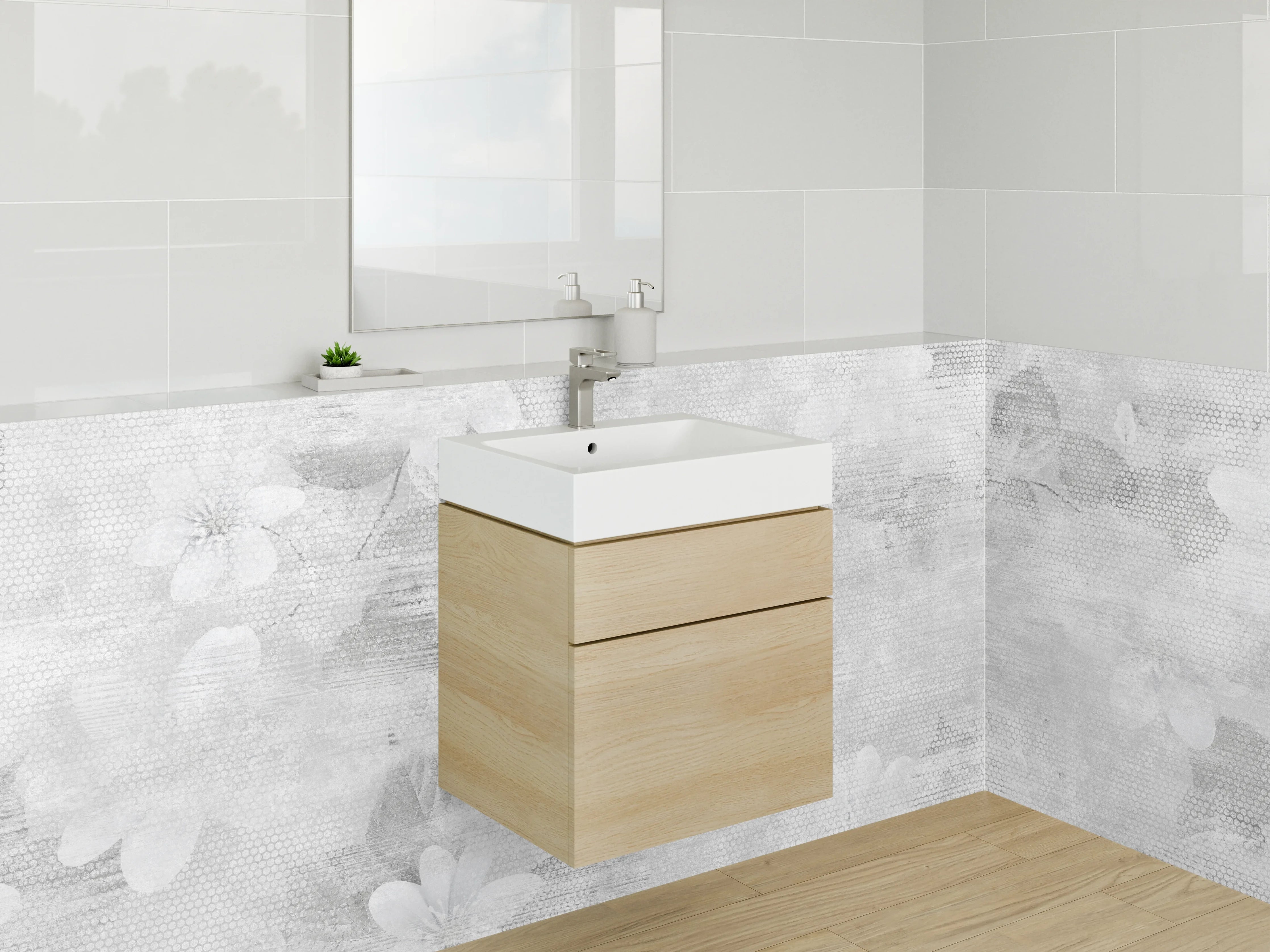 Waschbecken-Rückwand - Weiße Blüten Struktur auf Grau