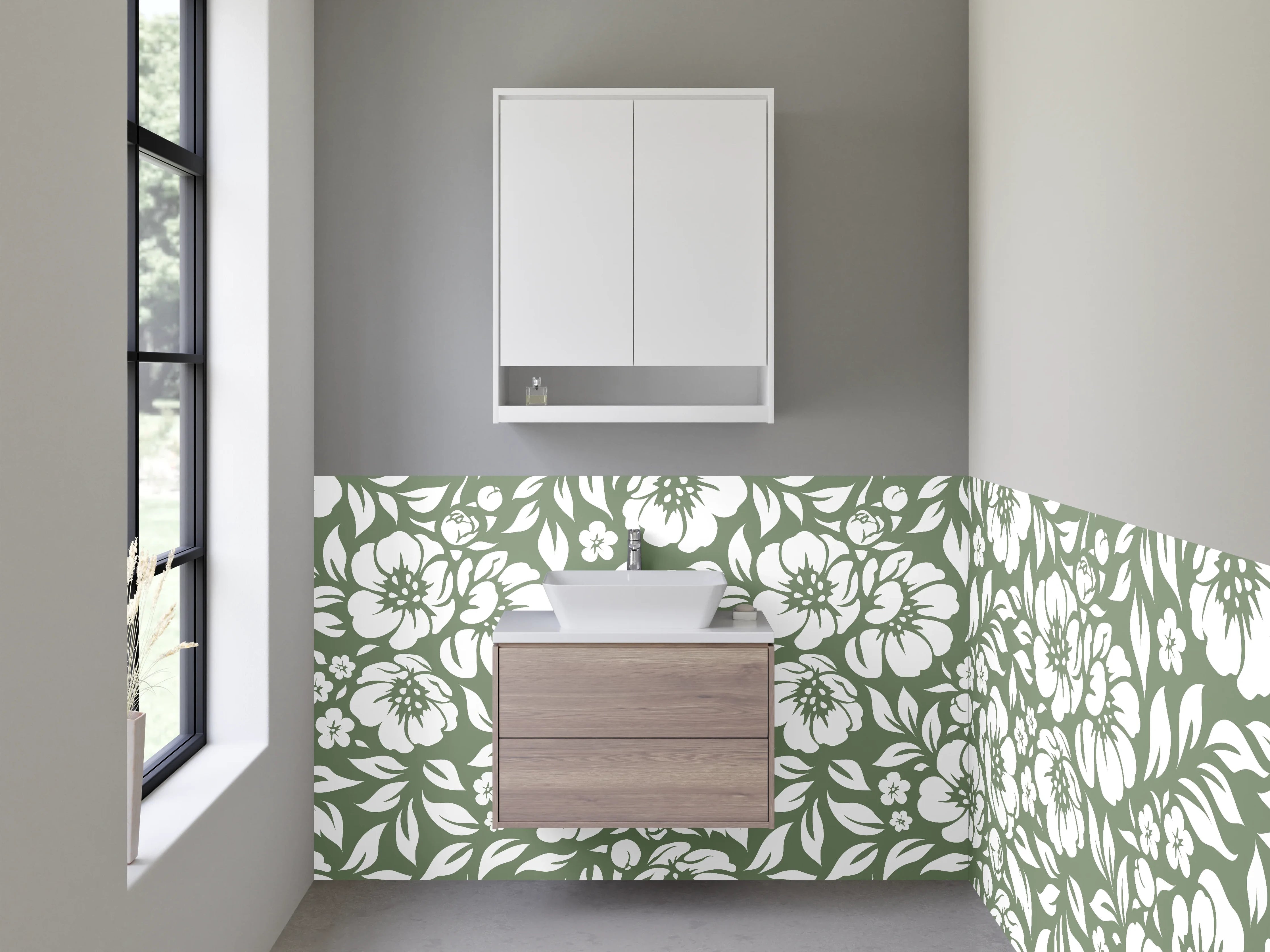 Waschbecken-Rückwand - Weiße Blütenmuster auf grauem Hintergrund