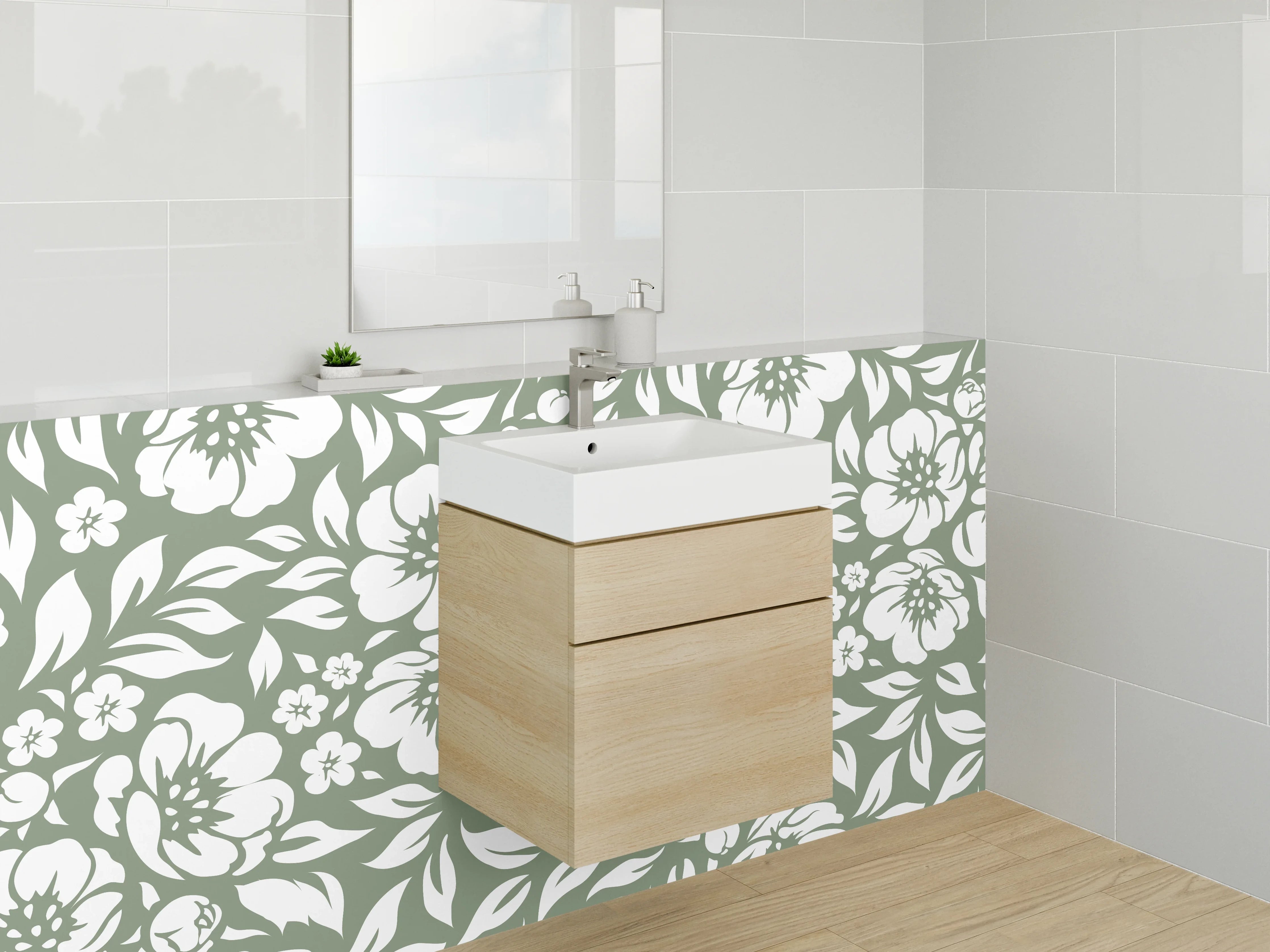 Waschbecken-Rückwand - Weiße Blütenmuster auf grauem Hintergrund