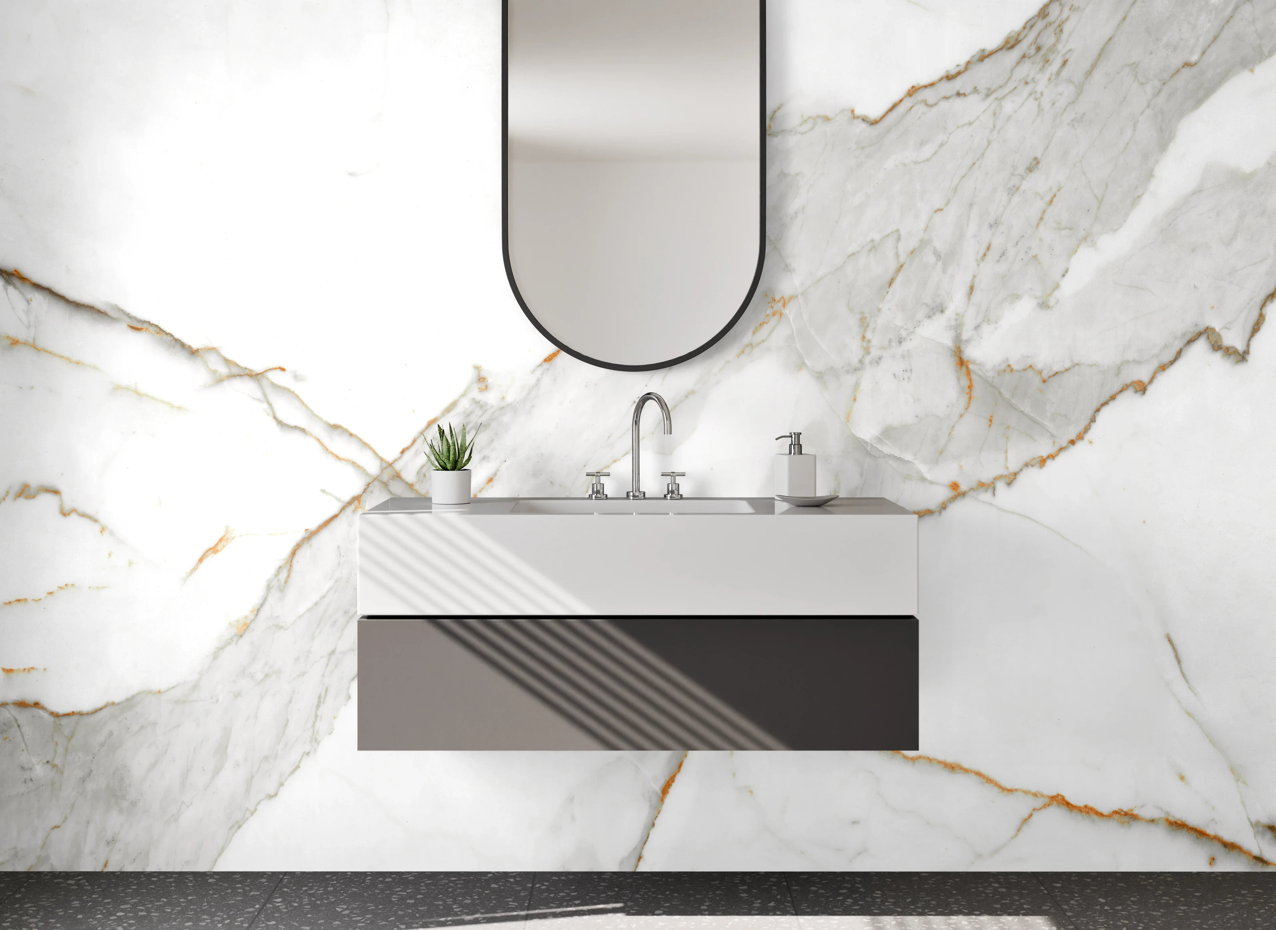 Waschbecken-Rückwand - Weiße Eleganz mit grauen Akzenten
