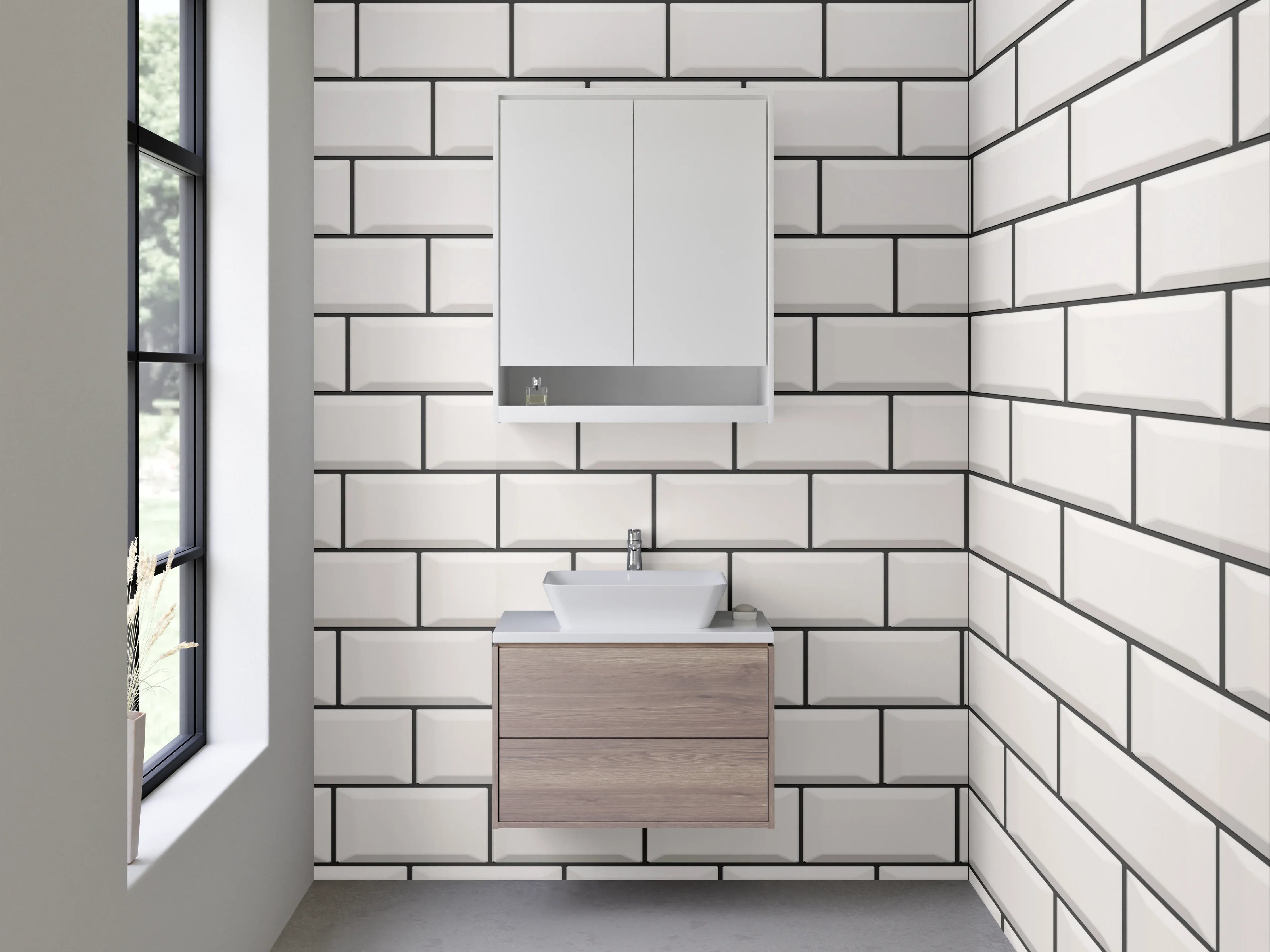 Waschbecken-Rückwand - Weiße Fliesen-Optik, minimalistisch, modern