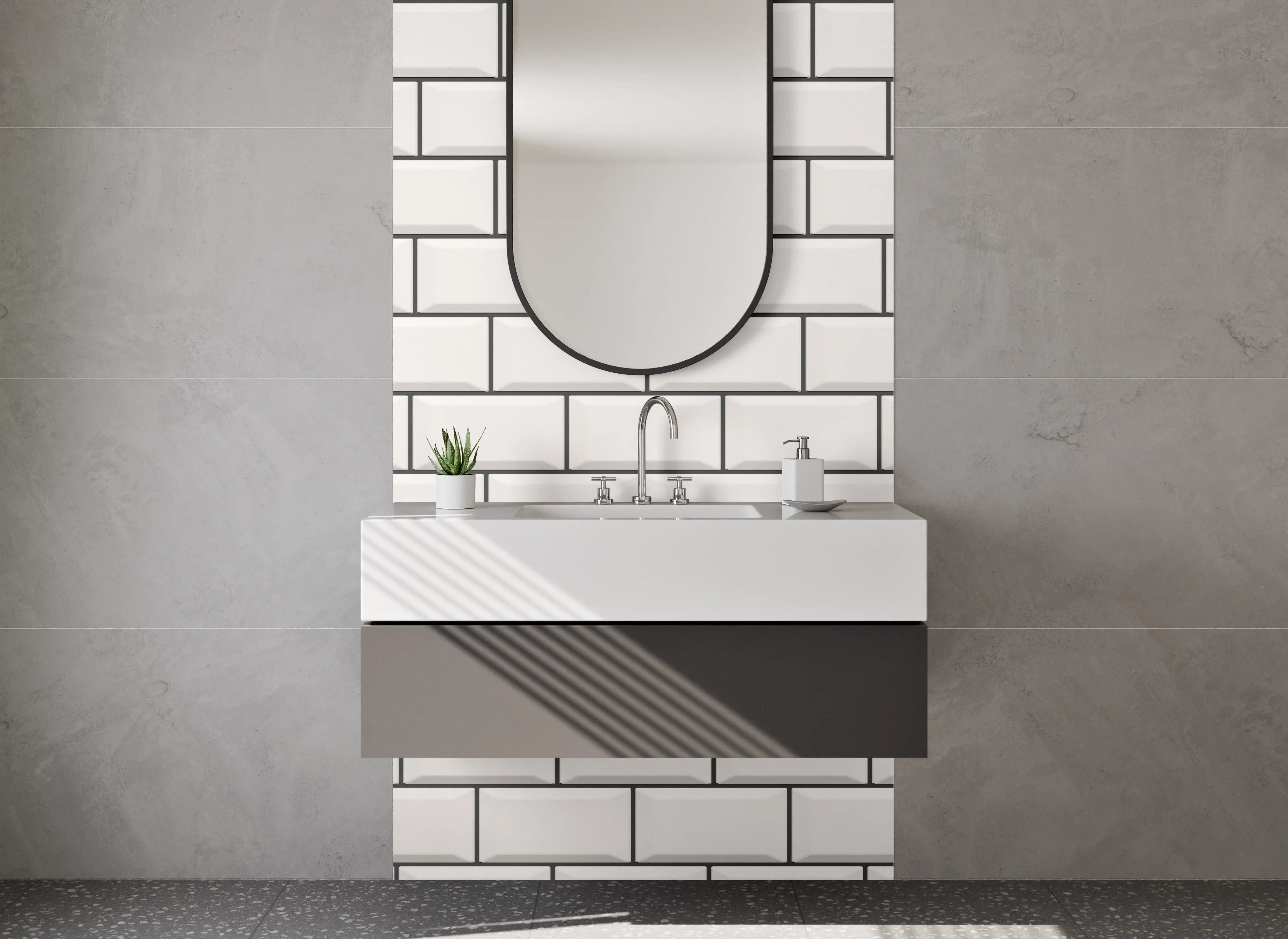 Waschbecken-Rückwand - Weiße Fliesen-Optik, minimalistisch, modern