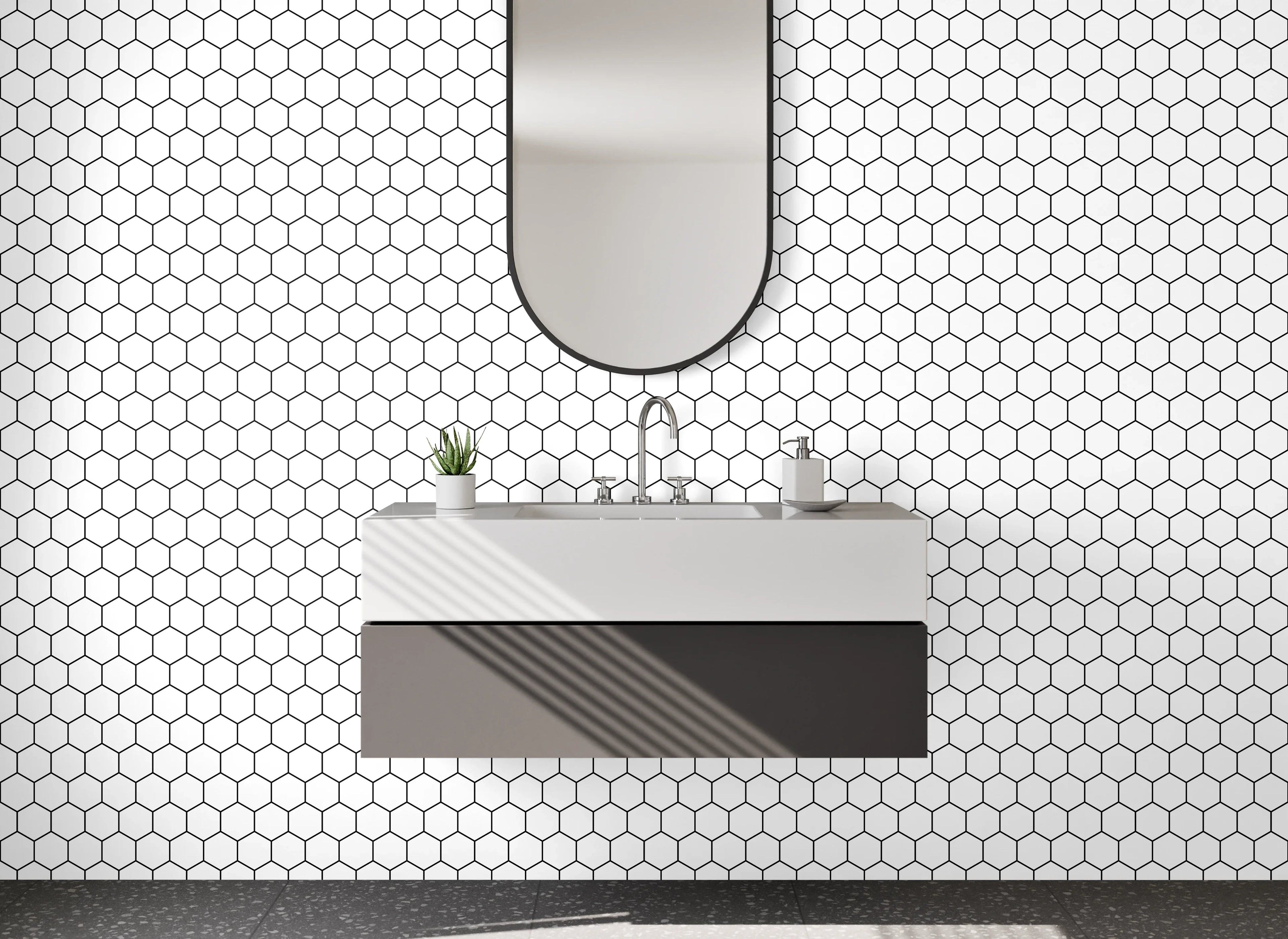 Waschbecken-Rückwand - Weiße Fliesen mit hexagonalen Mustern und Bleistiftzeichnung