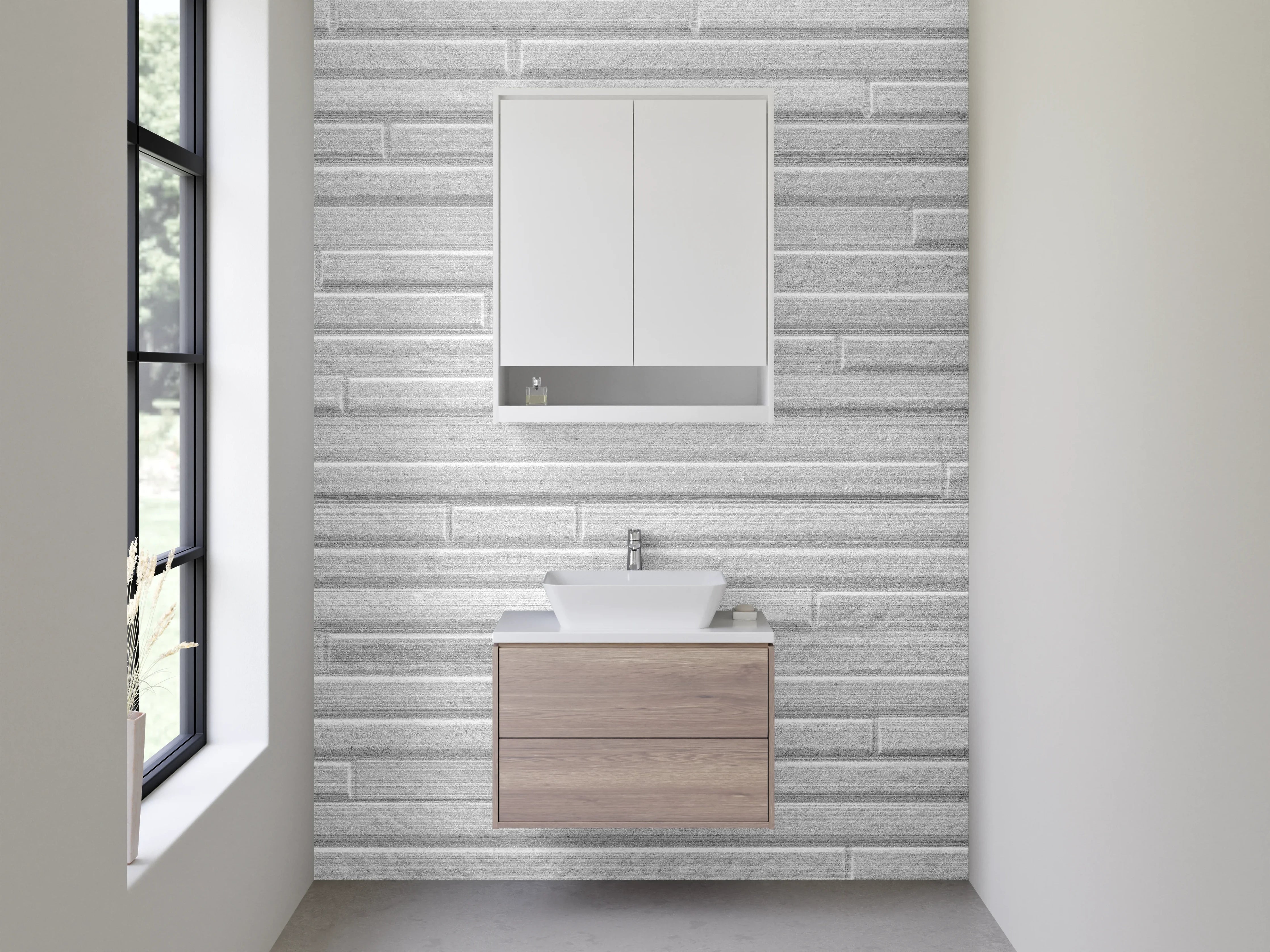 Waschbecken-Rückwand - Weiße Fliesenoptik mit grauen Linien