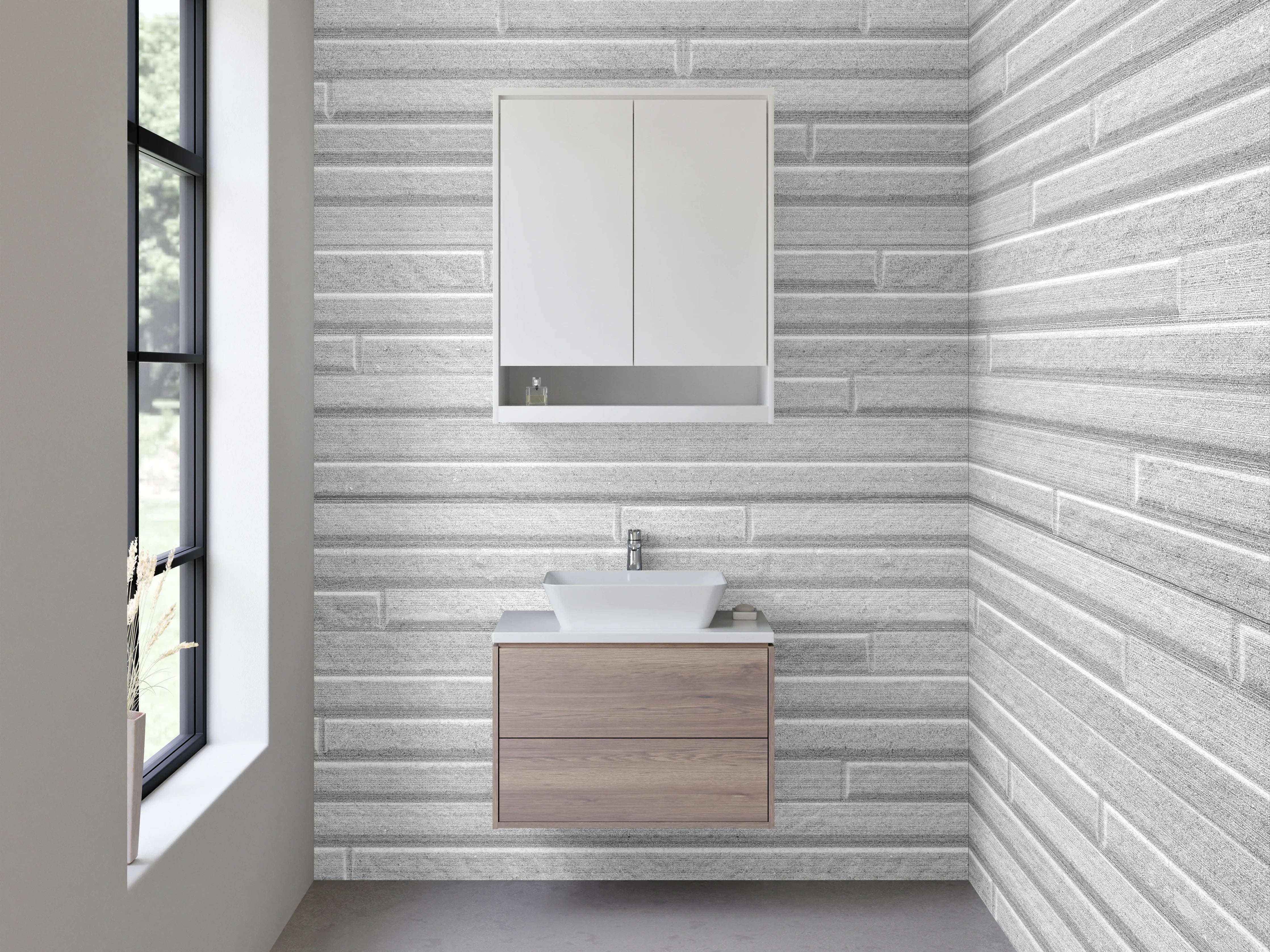 Waschbecken-Rückwand - Weiße Fliesenoptik mit grauen Linien