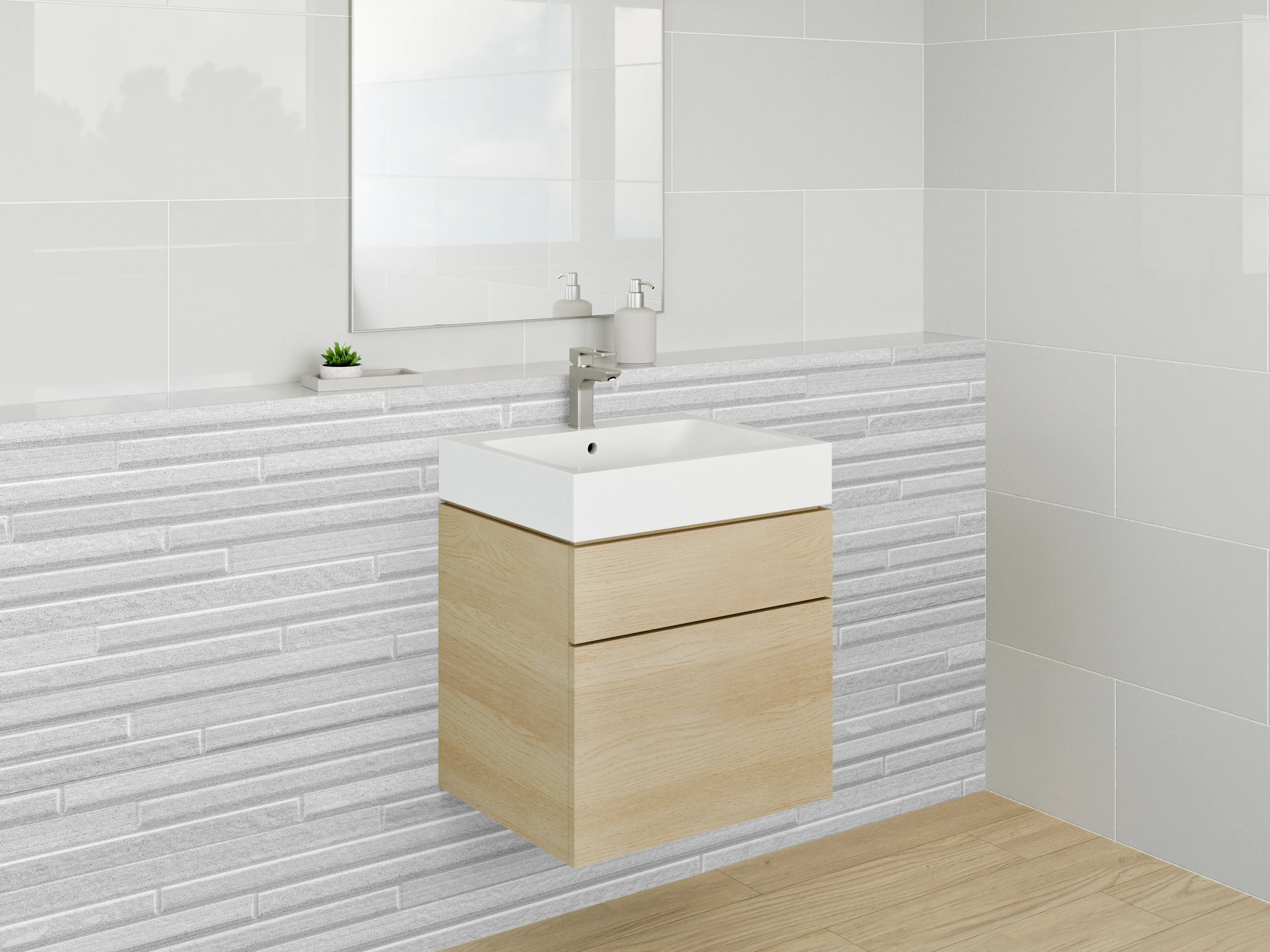Waschbecken-Rückwand - Weiße Fliesenoptik mit grauen Linien