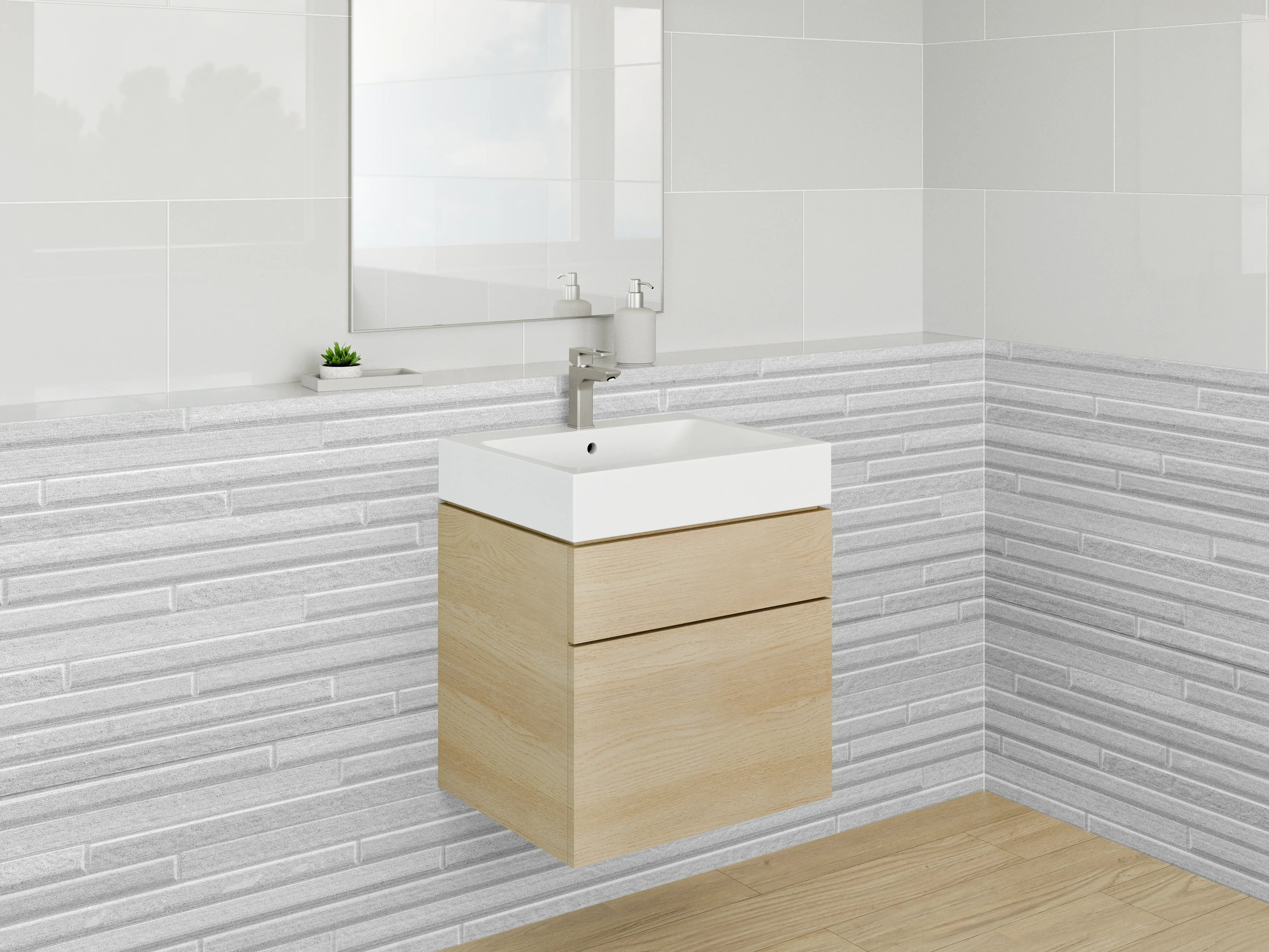 Waschbecken-Rückwand - Weiße Fliesenoptik mit grauen Linien