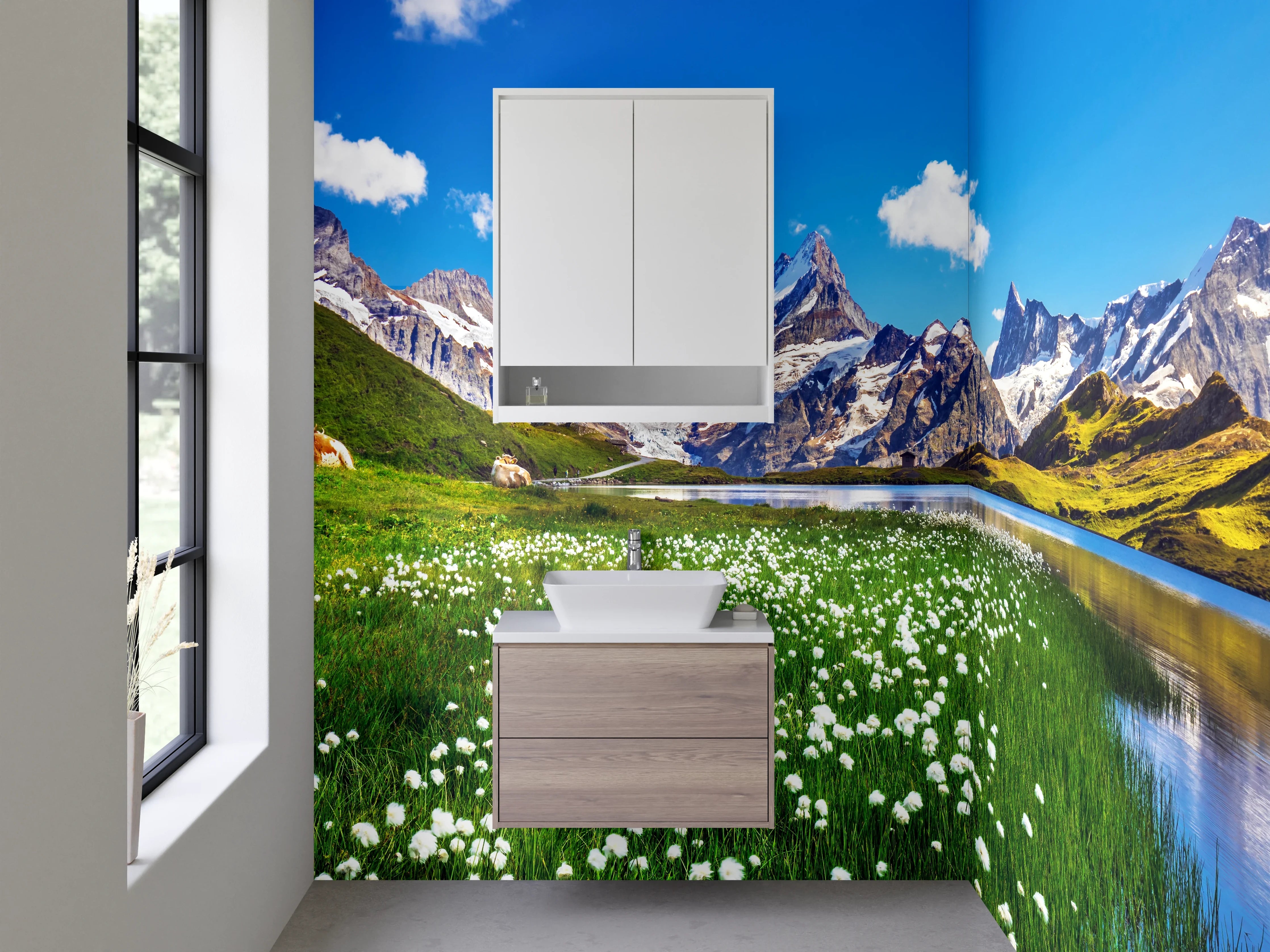 Waschbecken-Rückwand - Weiße Gebirgskulisse mit blauen Seen
