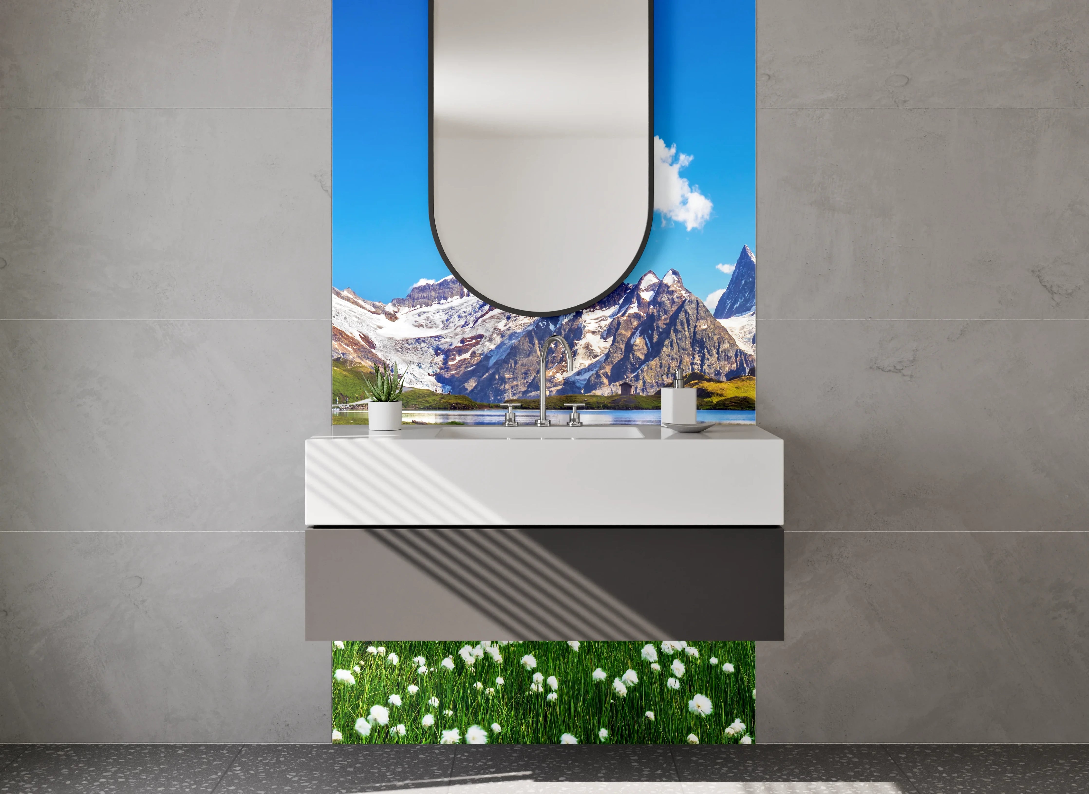 Waschbecken-Rückwand - Weiße Gebirgskulisse mit blauen Seen