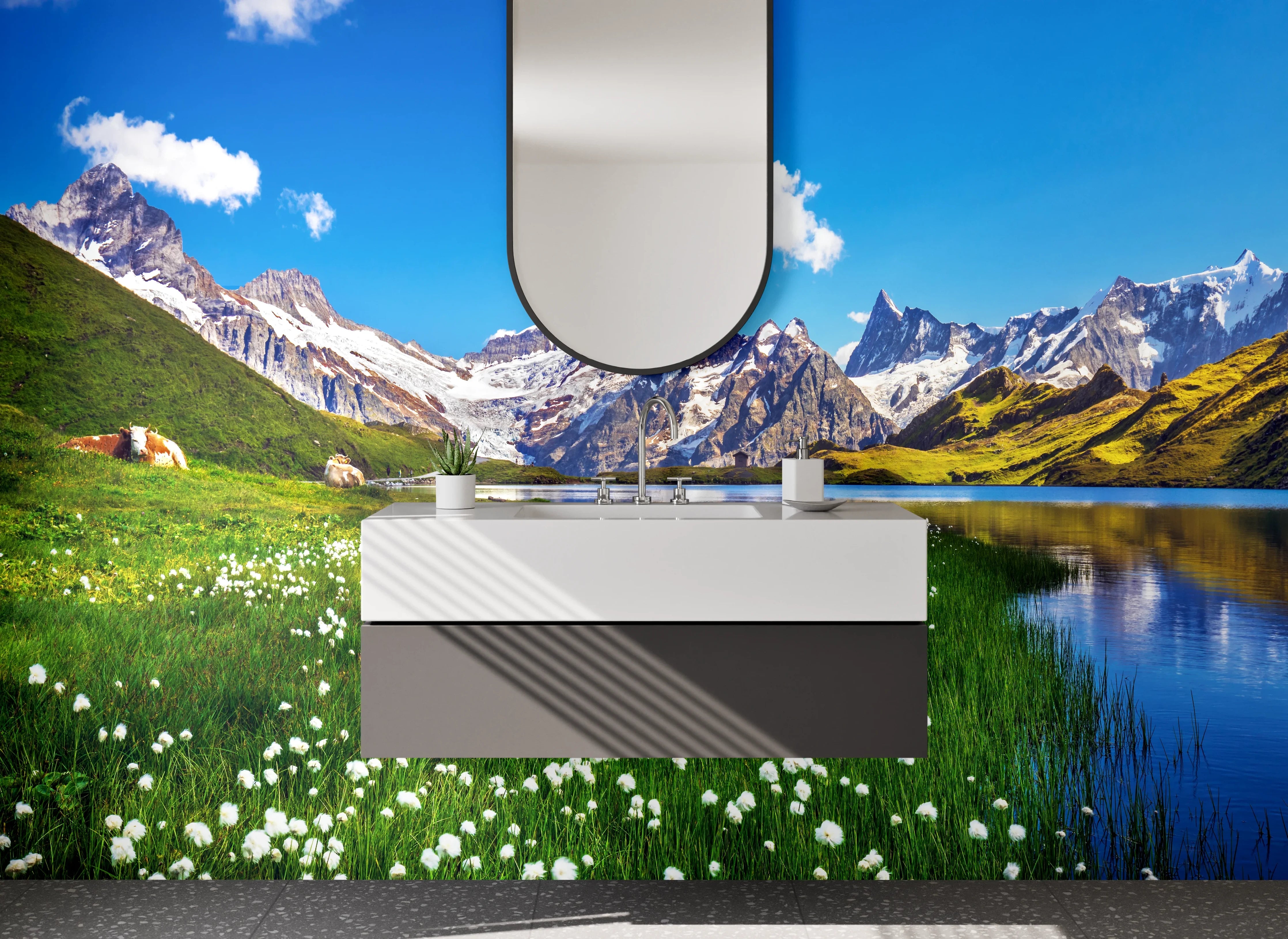 Waschbecken-Rückwand - Weiße Gebirgskulisse mit blauen Seen