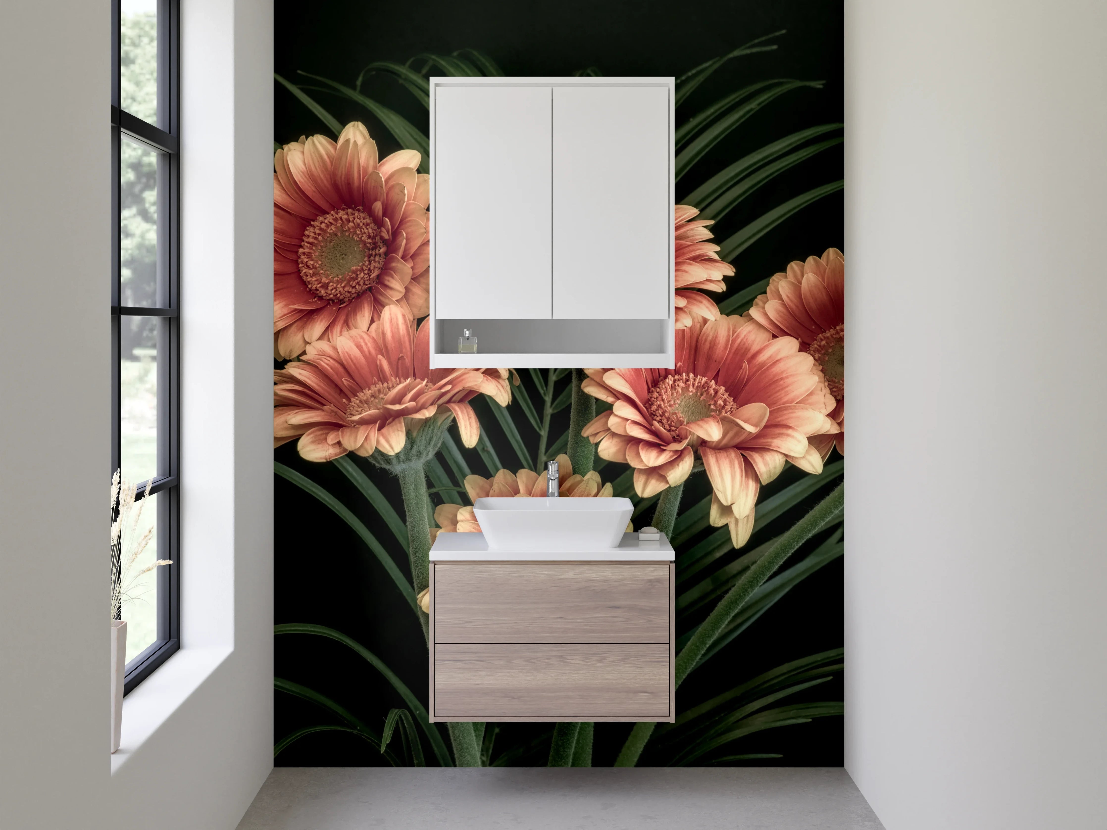 Waschbecken-Rückwand - Weiße Gerbera im grauen Schatten