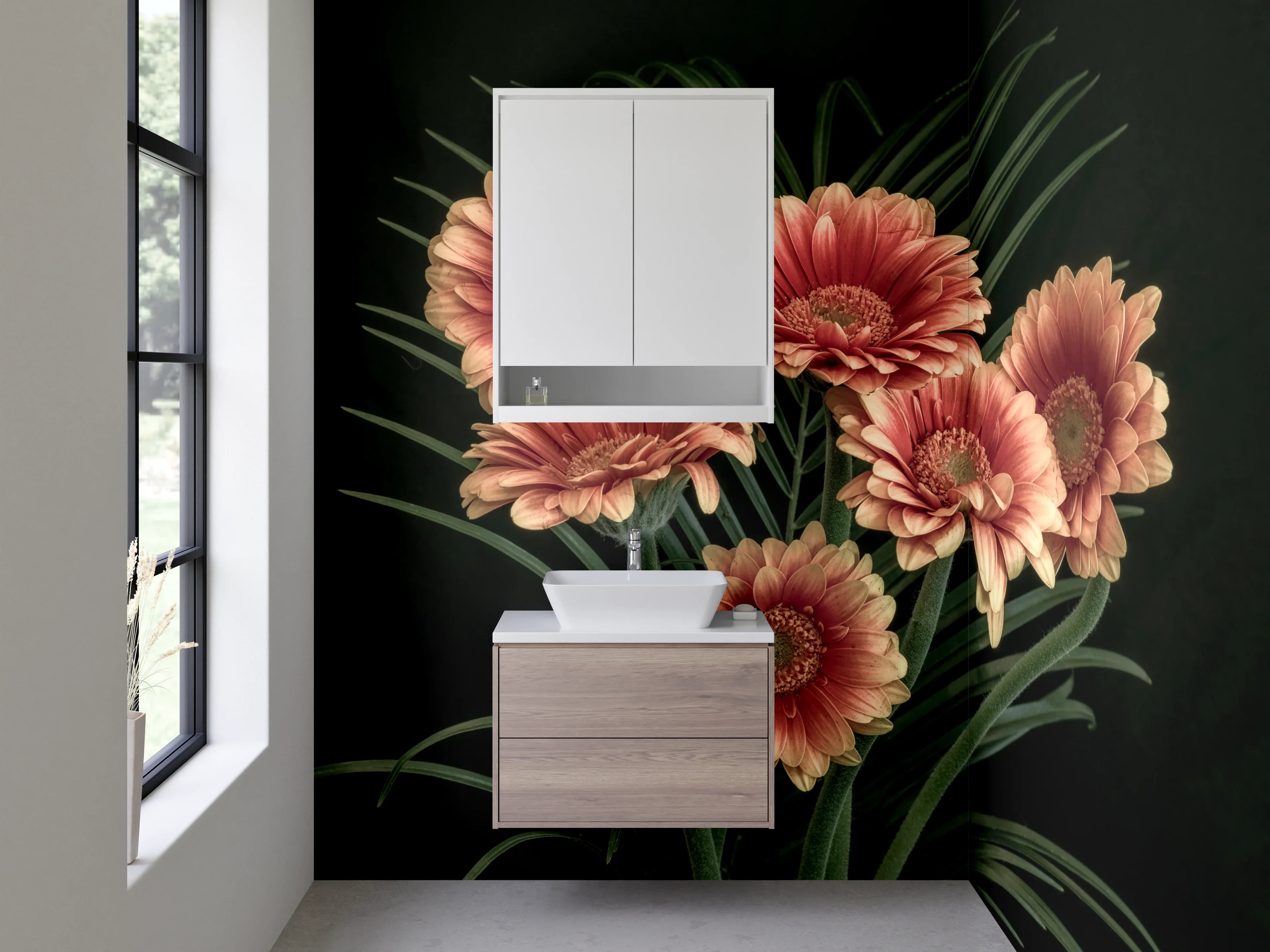 Waschbecken-Rückwand - Weiße Gerbera im grauen Schatten