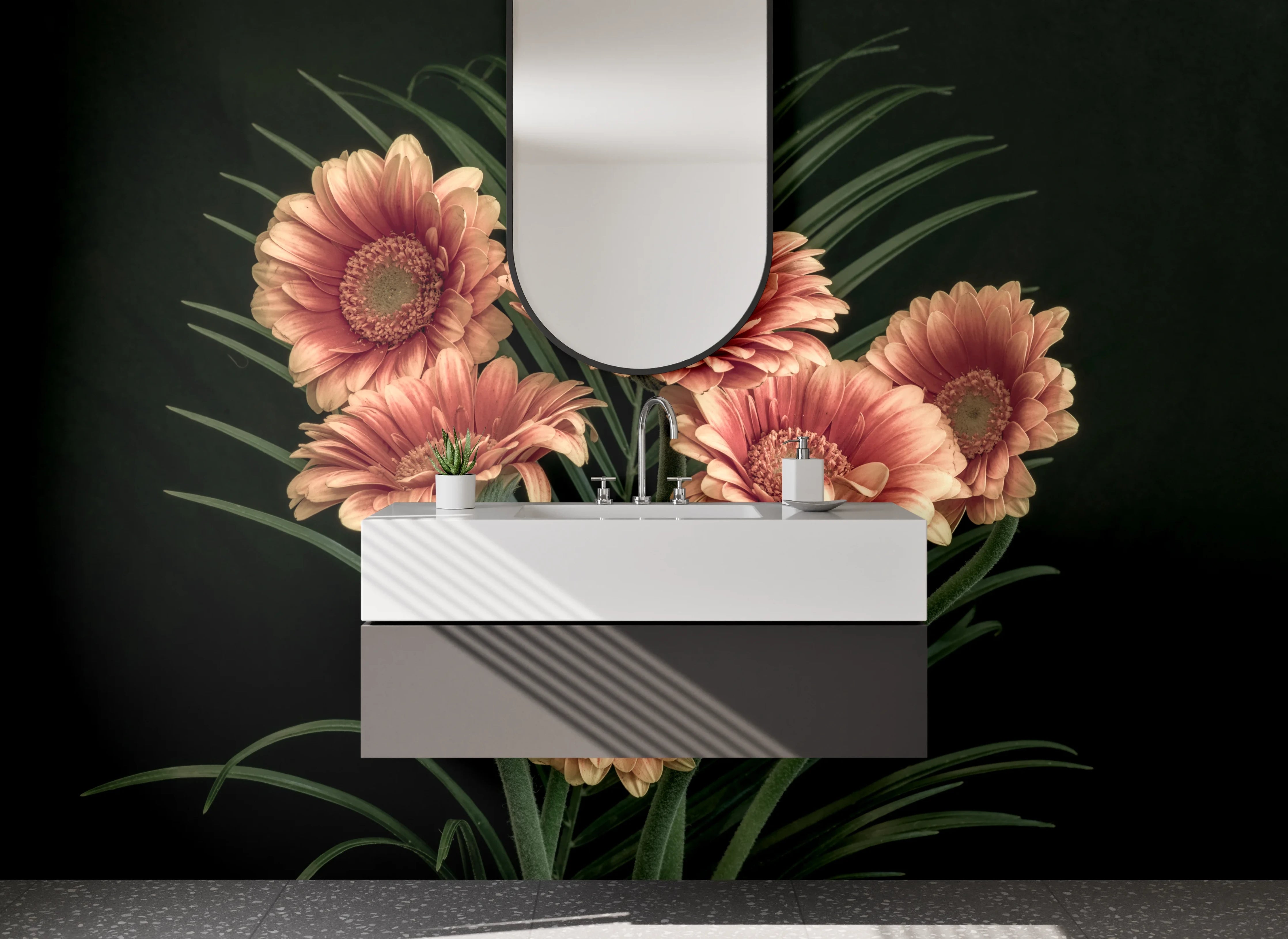 Waschbecken-Rückwand - Weiße Gerbera im grauen Schatten