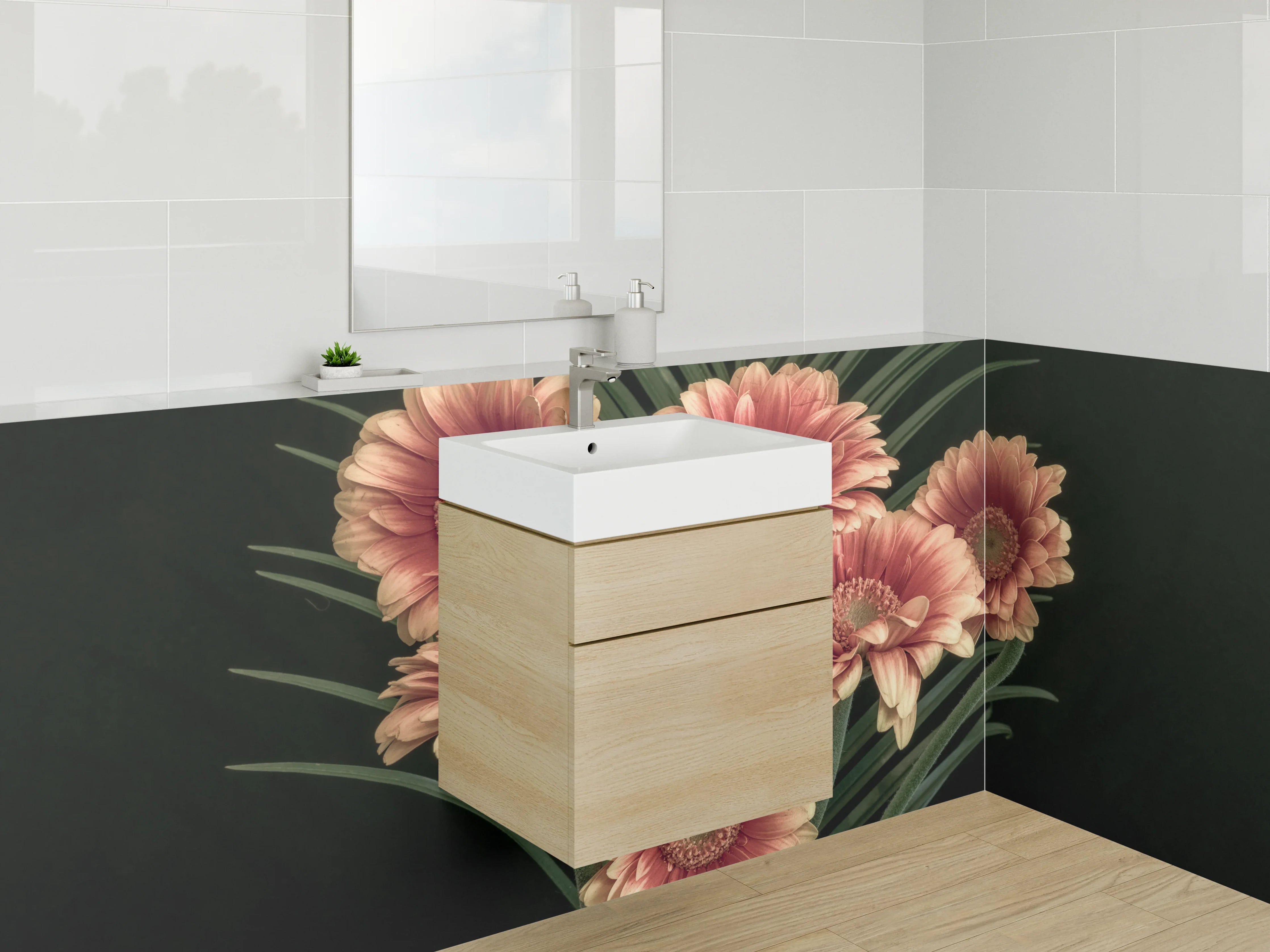Waschbecken-Rückwand - Weiße Gerbera im grauen Schatten