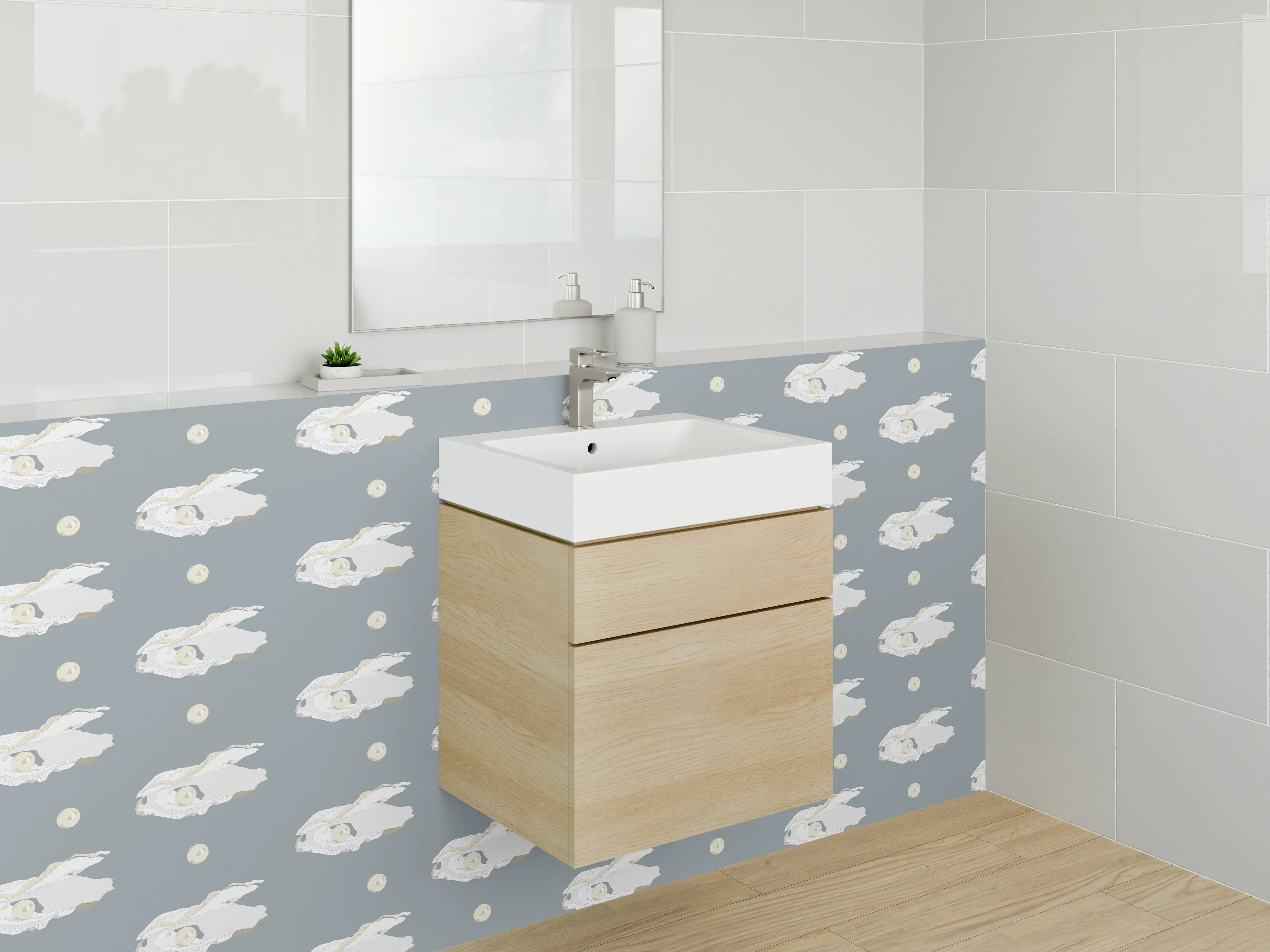 Waschbecken-Rückwand - Weiße Hase auf Grau mit Sonnenblumenkern