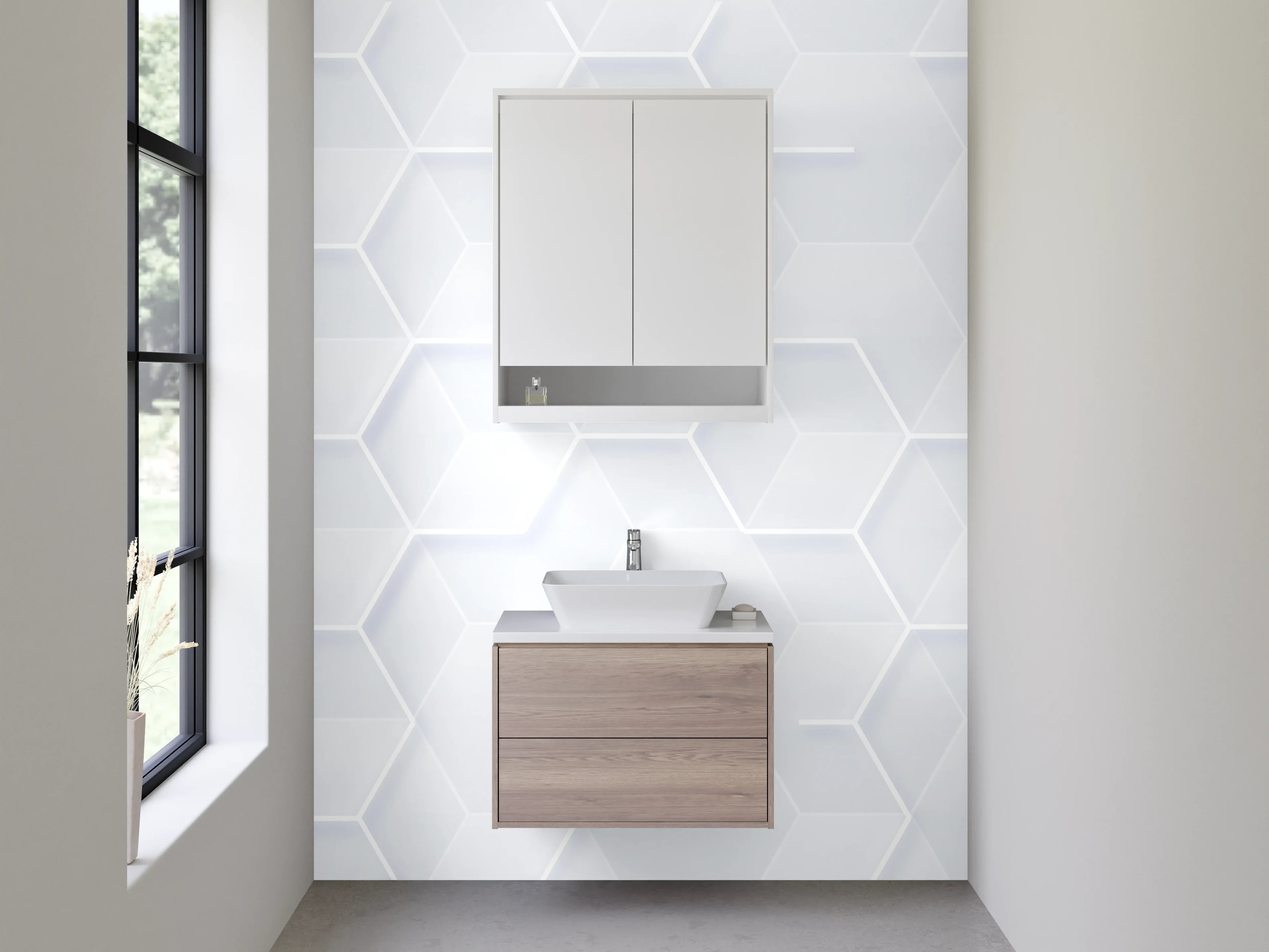 Waschbecken-Rückwand - Weiße Hexagon 3D-Struktur modern