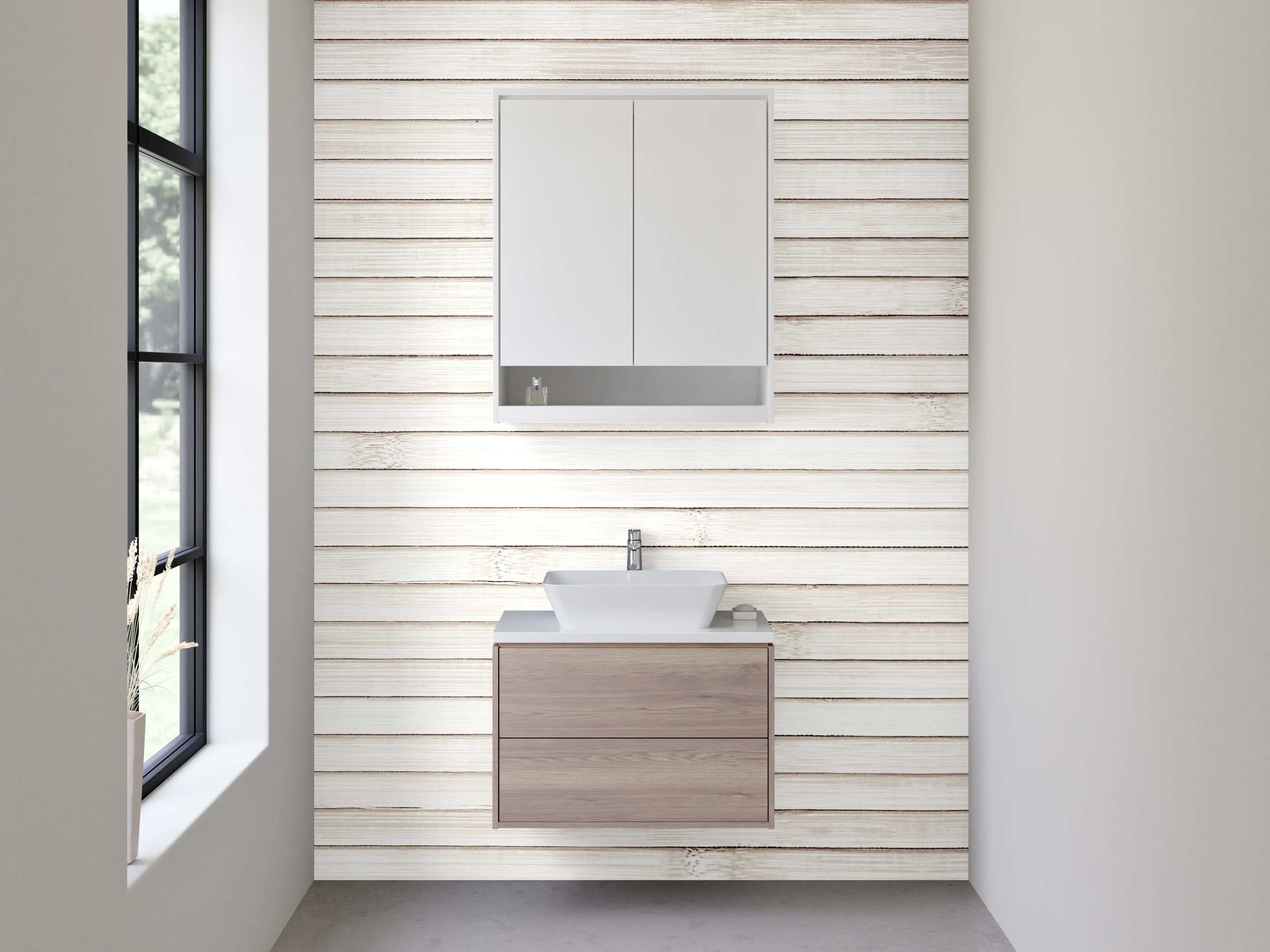 Waschbecken-Rückwand - Weiße Holzoptik-Paneele modern
