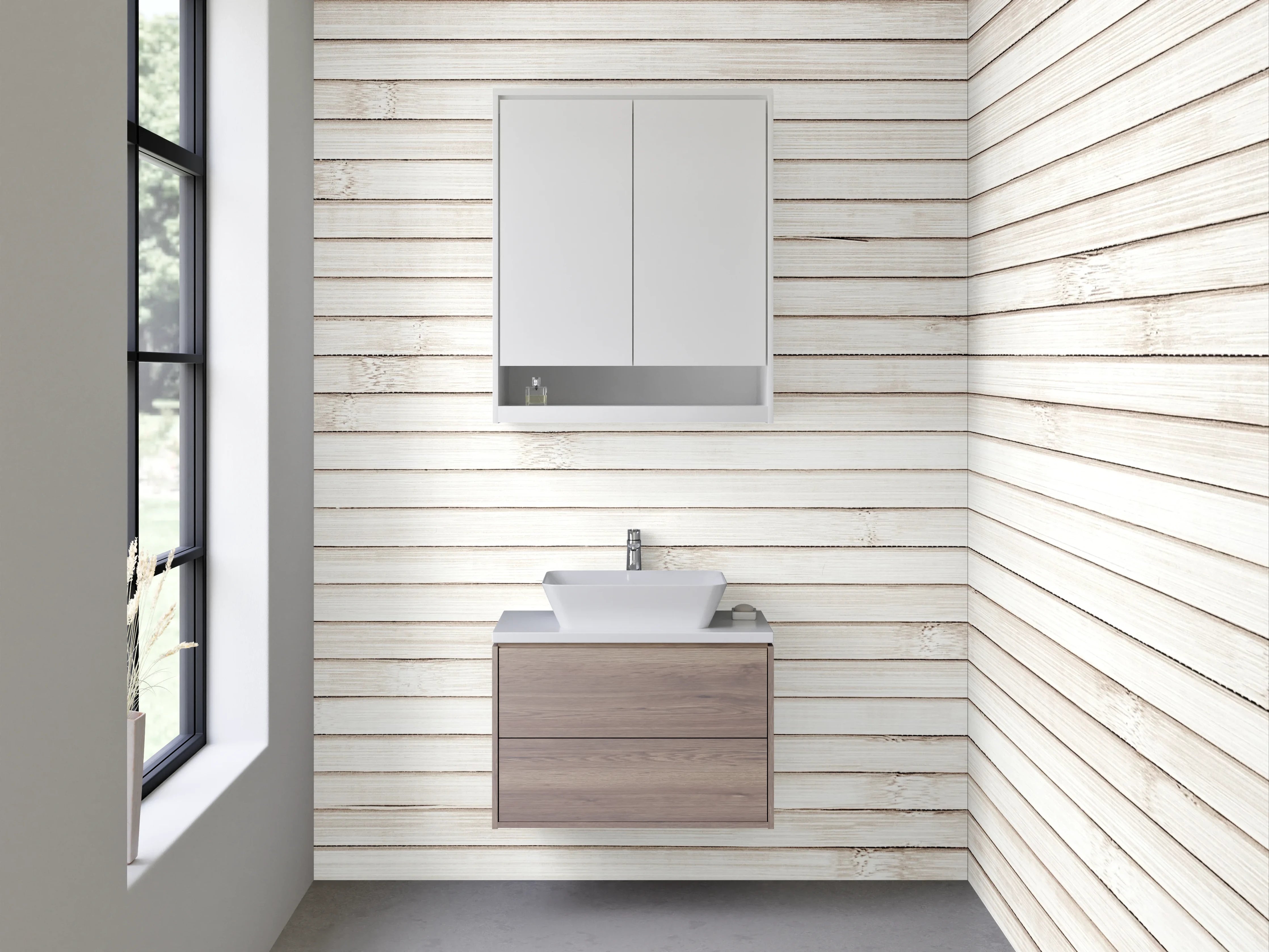 Waschbecken-Rückwand - Weiße Holzoptik-Paneele modern