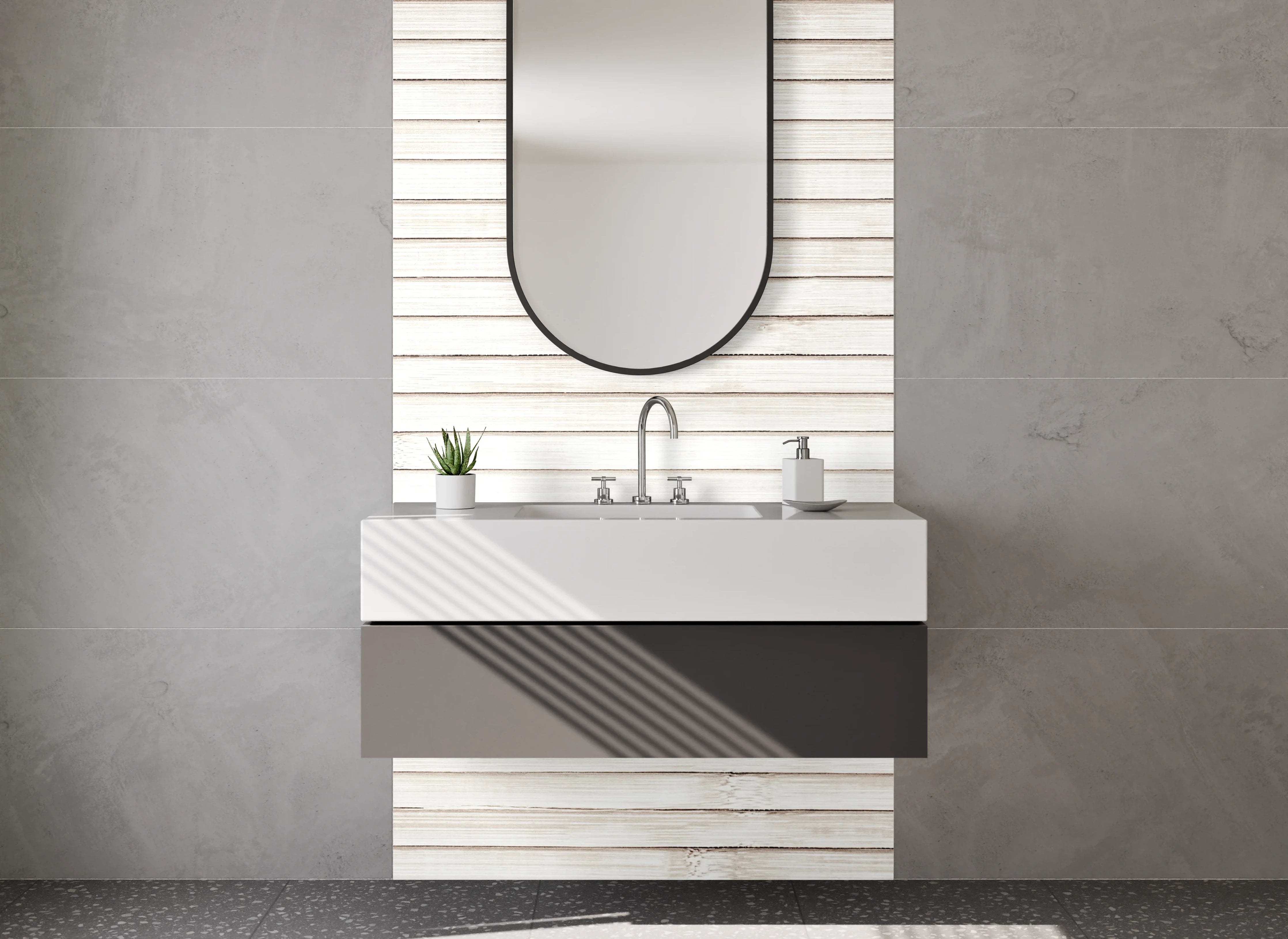 Waschbecken-Rückwand - Weiße Holzoptik-Paneele modern