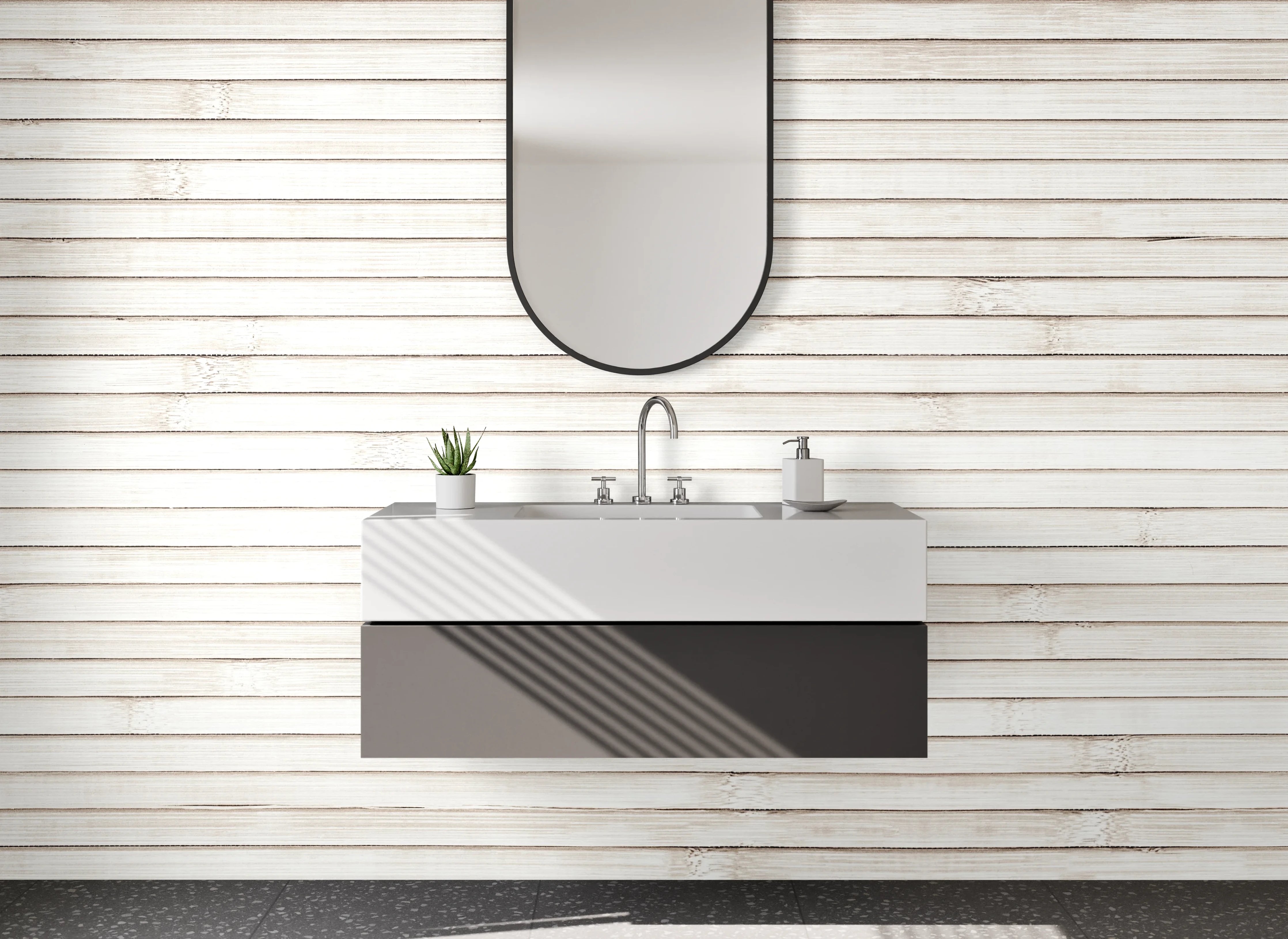 Waschbecken-Rückwand - Weiße Holzoptik-Paneele modern