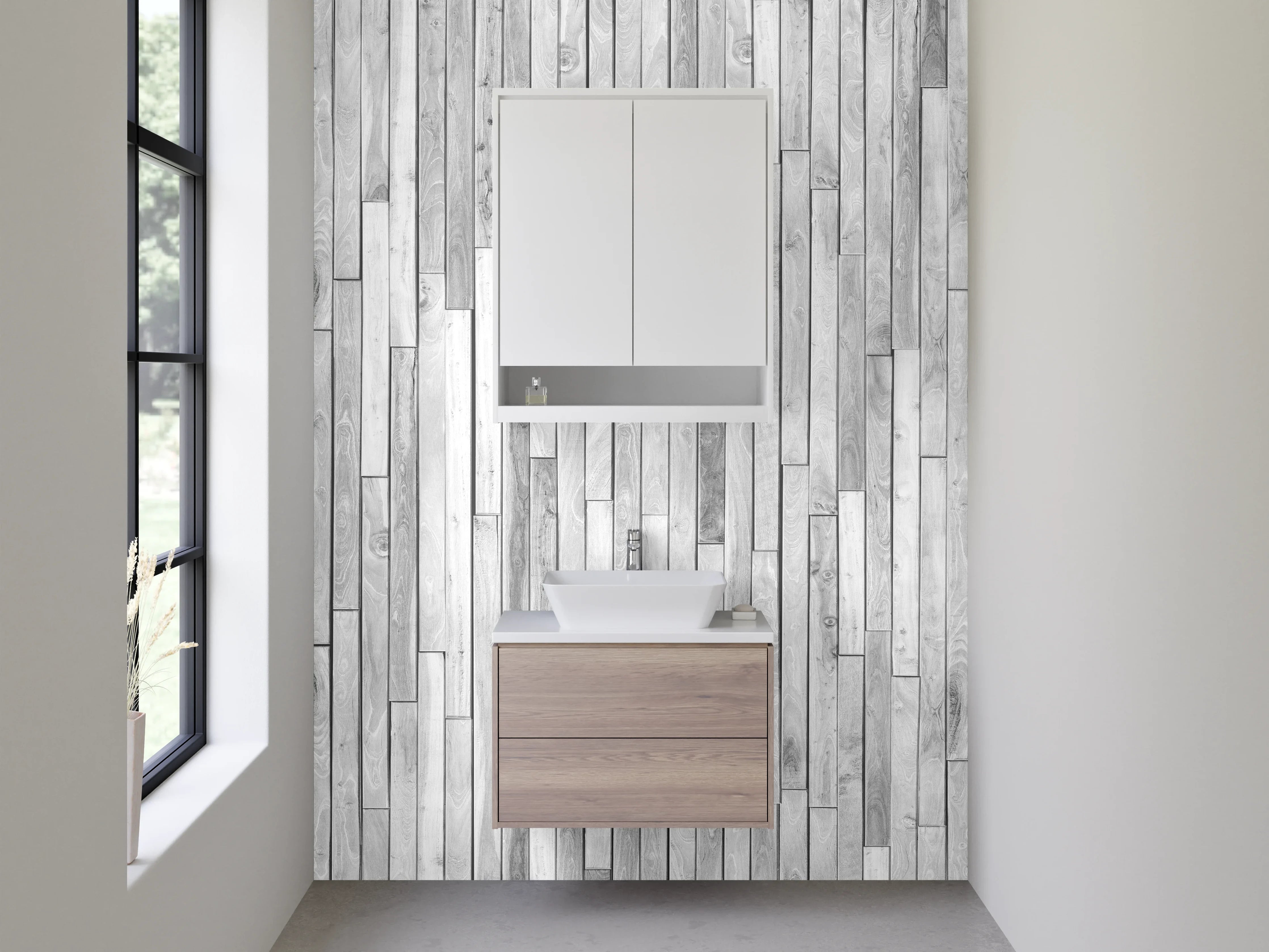 Waschbecken-Rückwand - Weiße Holzoptik-Vertäfelung modern minimalistisch