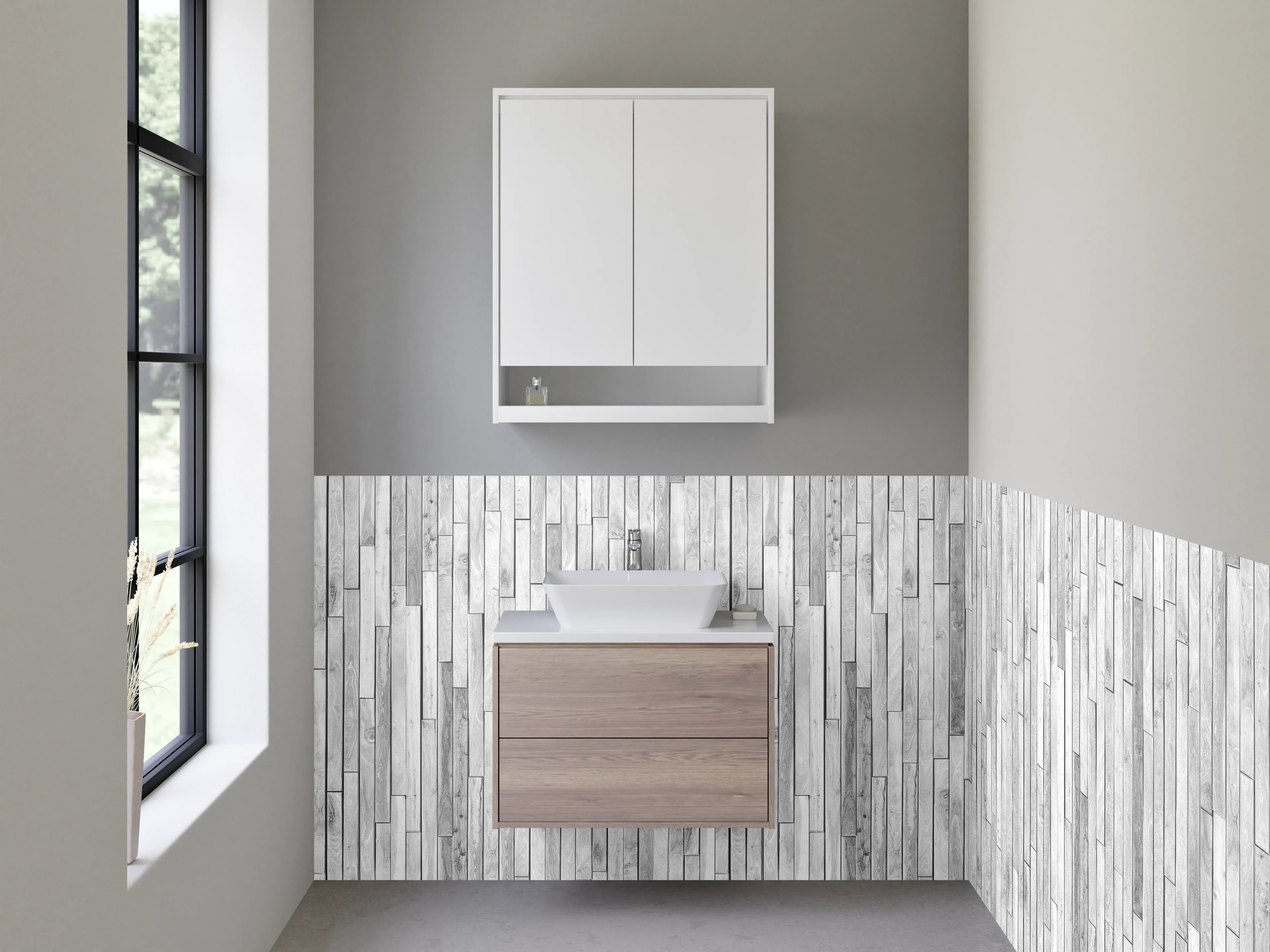 Waschbecken-Rückwand - Weiße Holzoptik-Vertäfelung modern minimalistisch
