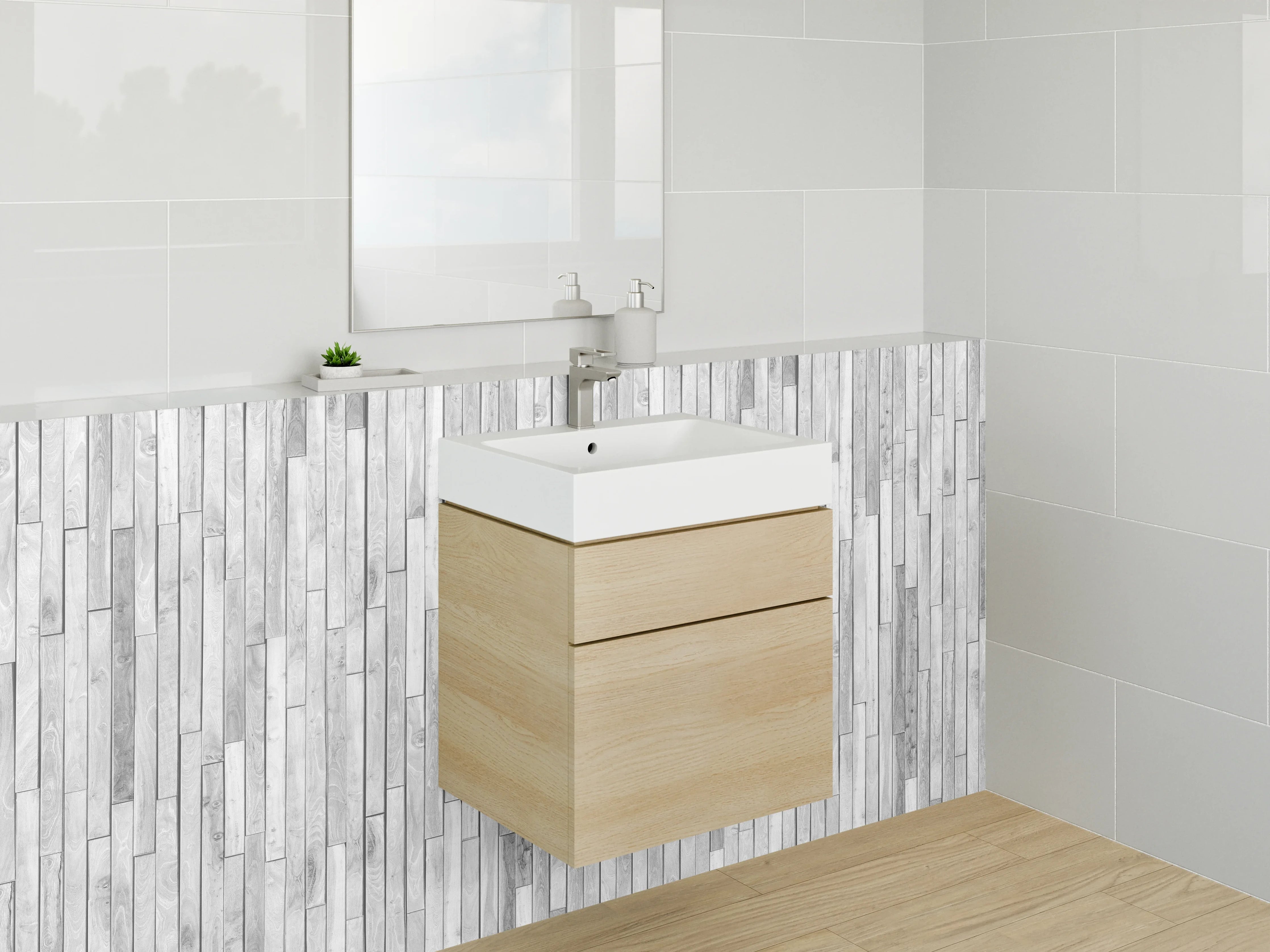 Waschbecken-Rückwand - Weiße Holzoptik-Vertäfelung modern minimalistisch