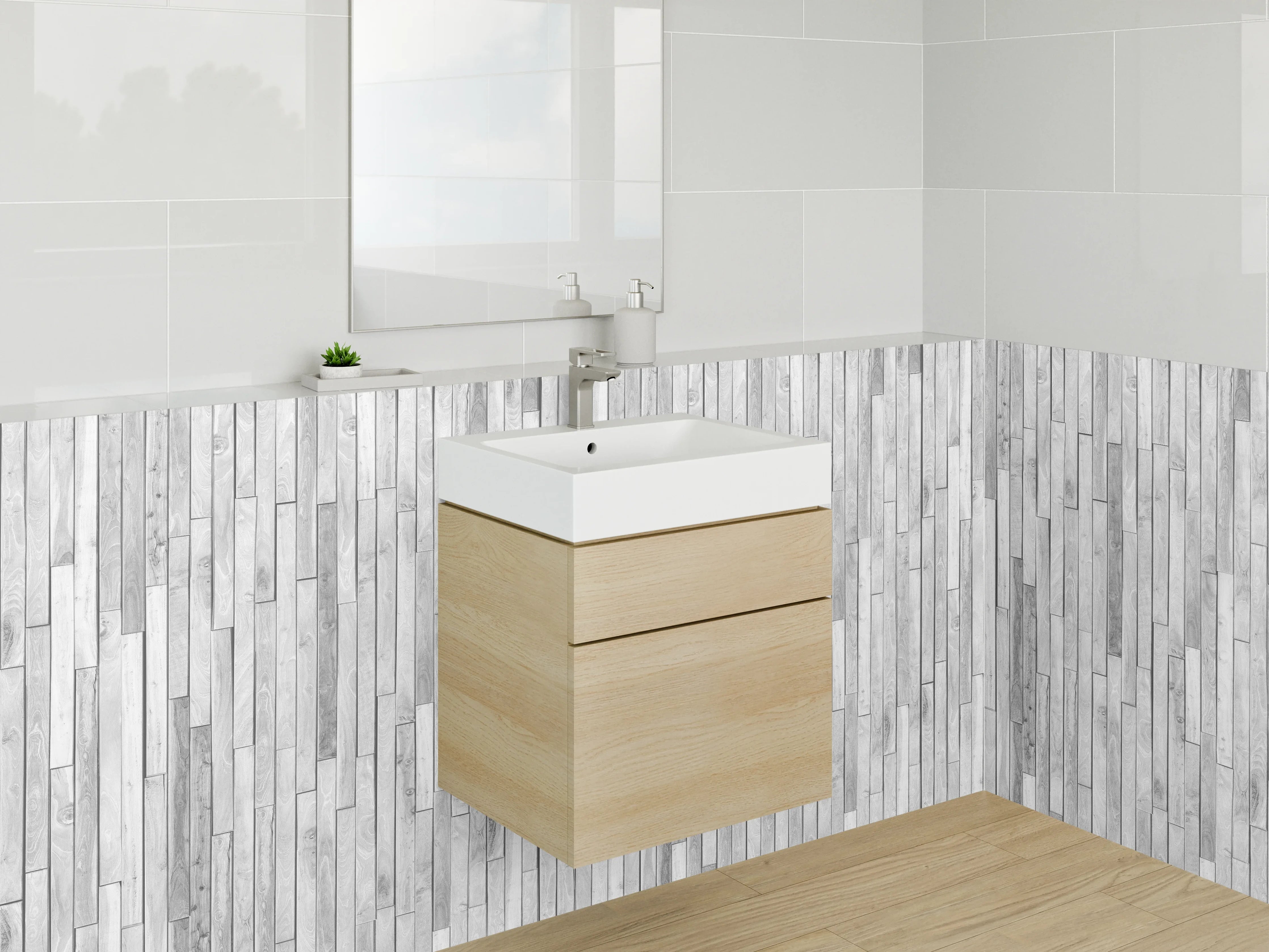 Waschbecken-Rückwand - Weiße Holzoptik-Vertäfelung modern minimalistisch