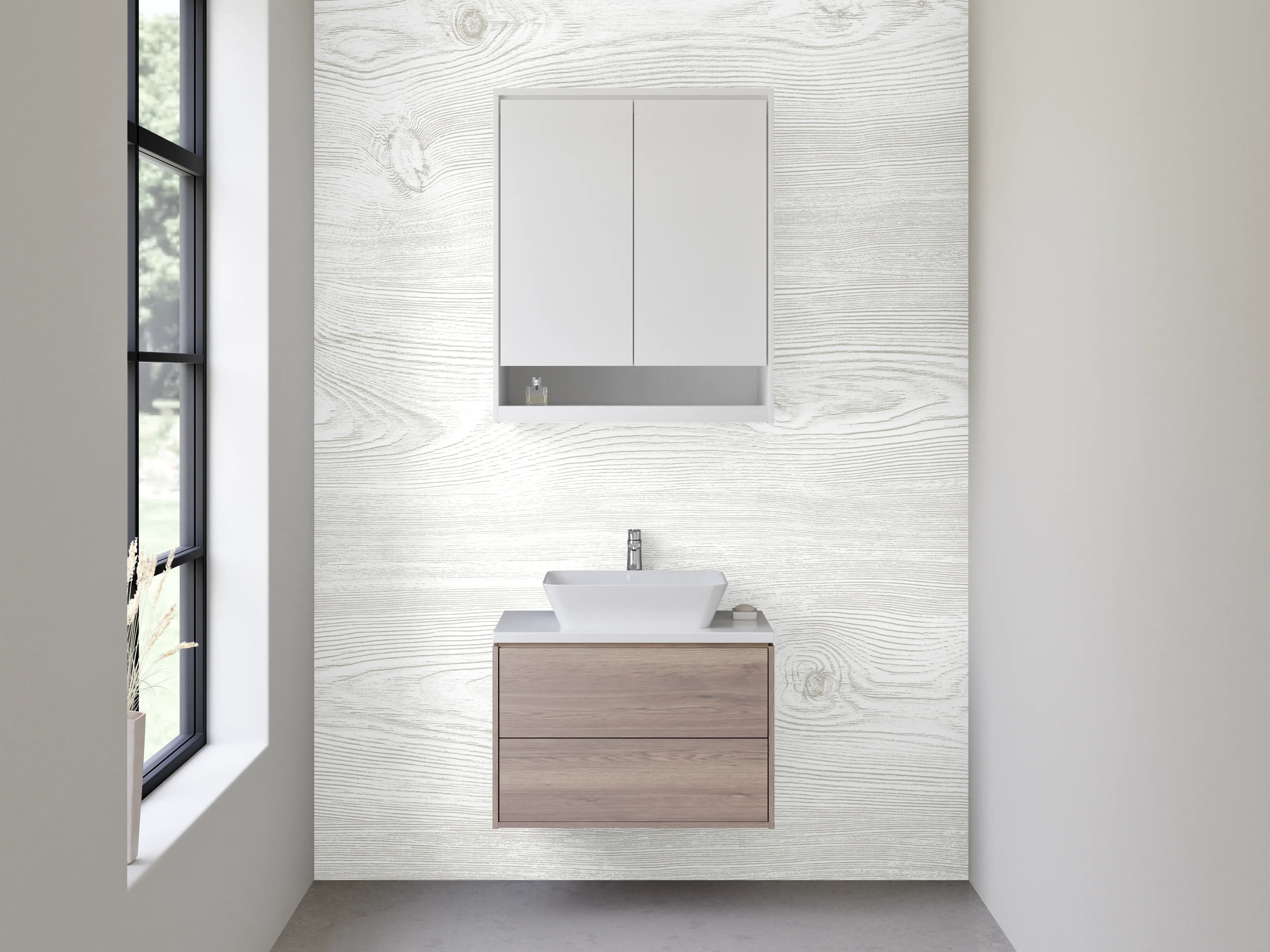 Waschbecken-Rückwand - Weiße Holzoptik Wand mit subtiler Maserung