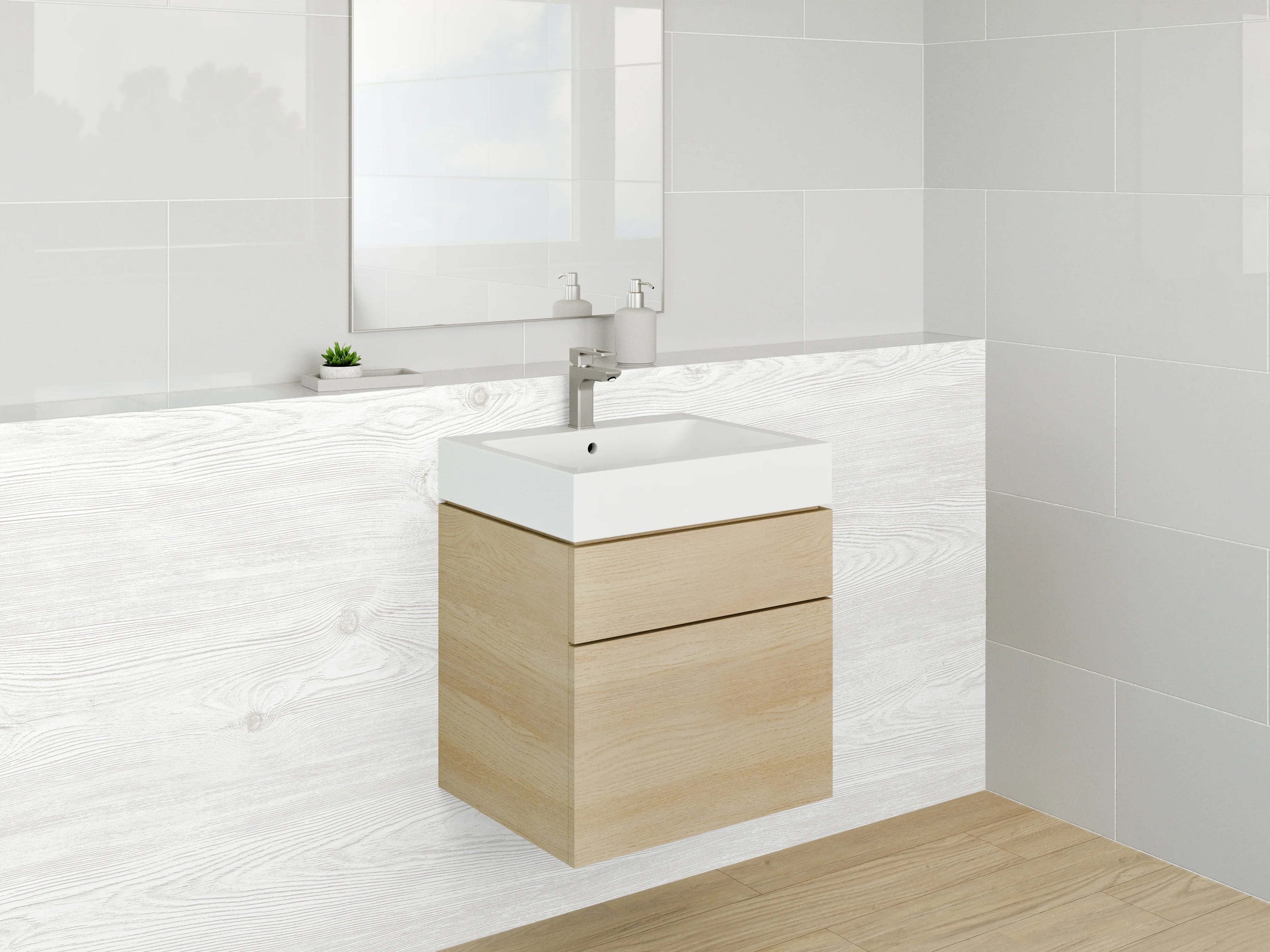 Waschbecken-Rückwand - Weiße Holzoptik Wand mit subtiler Maserung