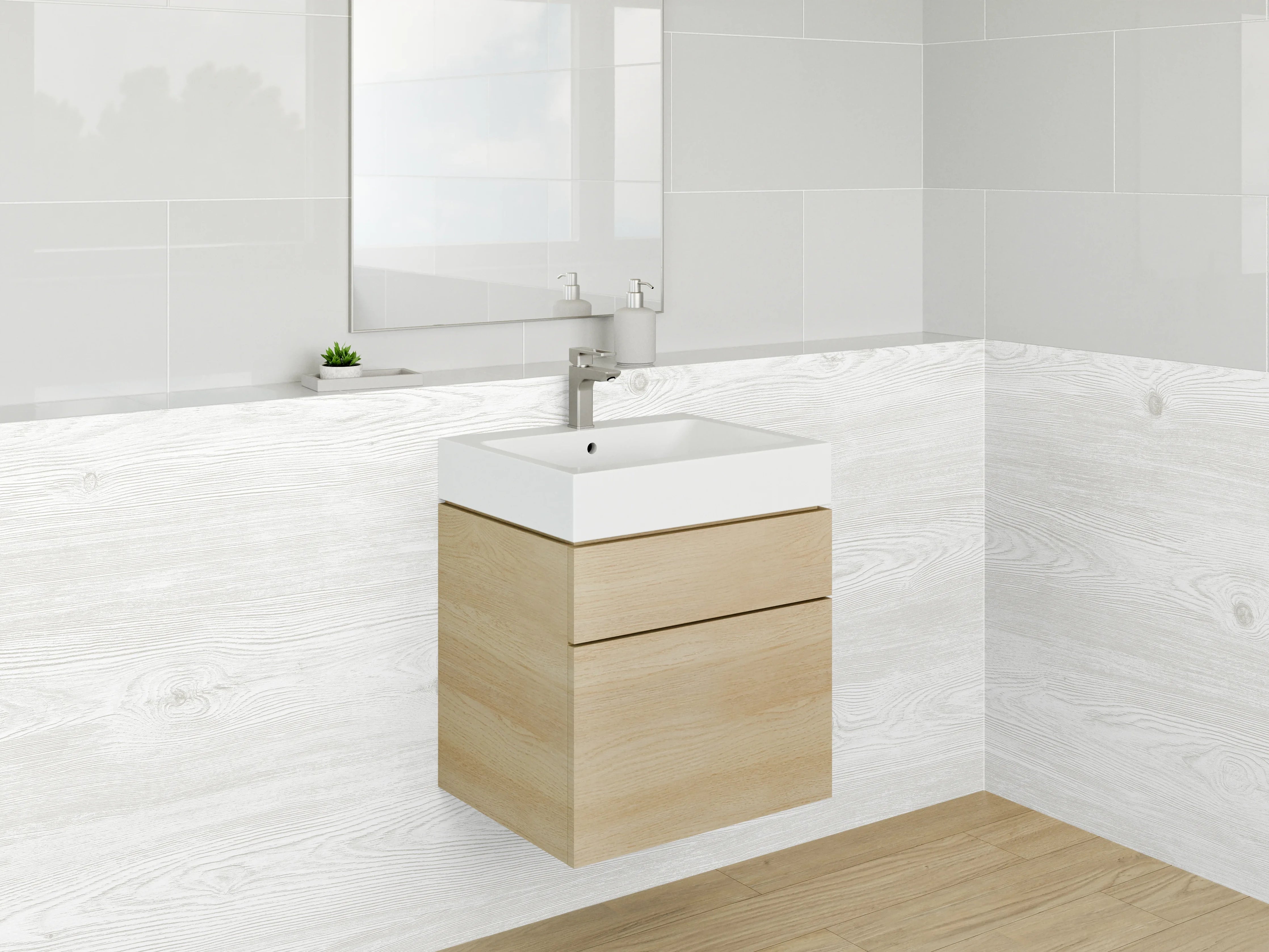 Waschbecken-Rückwand - Weiße Holzoptik Wand mit subtiler Maserung