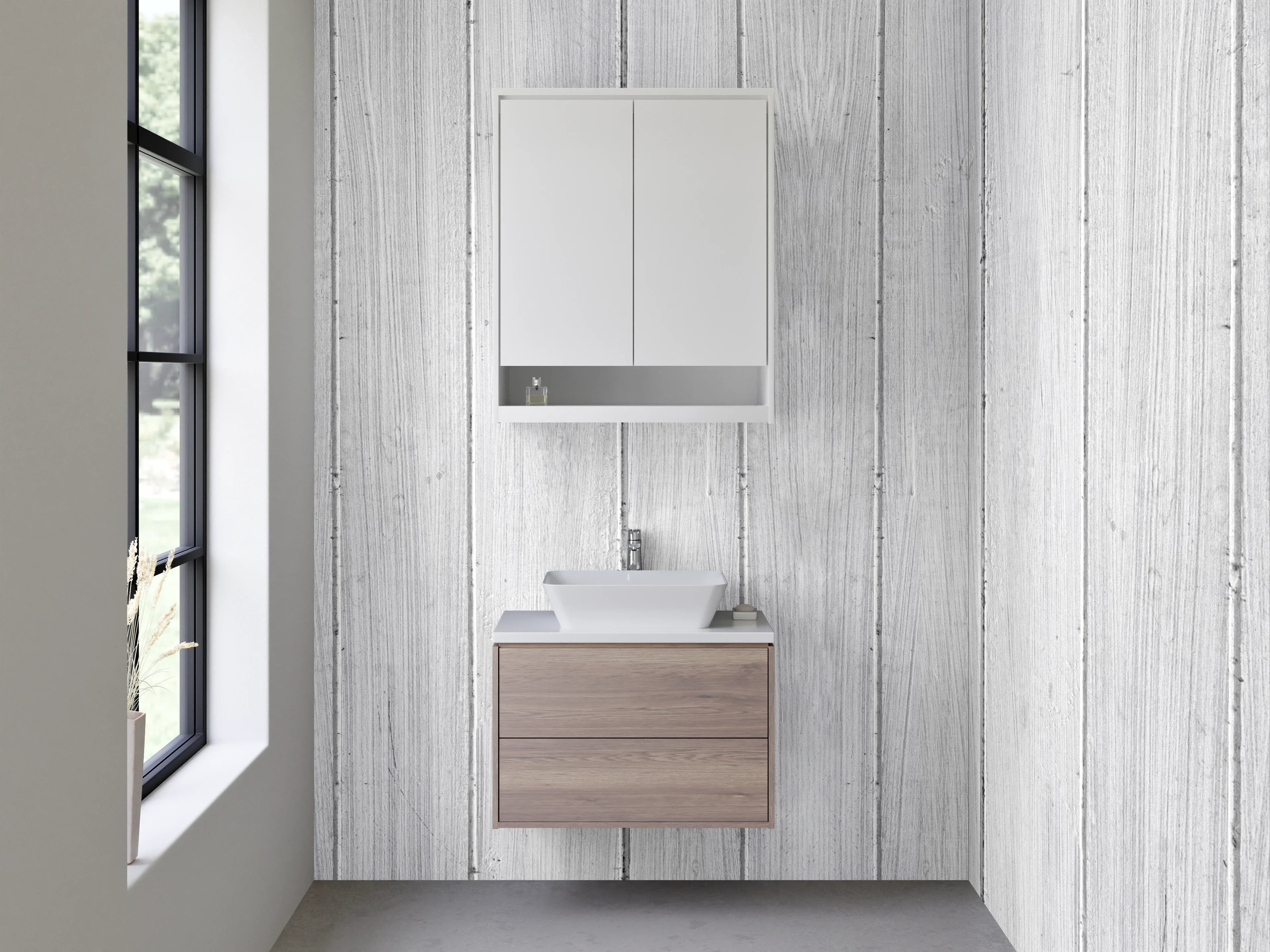 Waschbecken-Rückwand - Weiße Holzpaneele mit subtiler Maserung