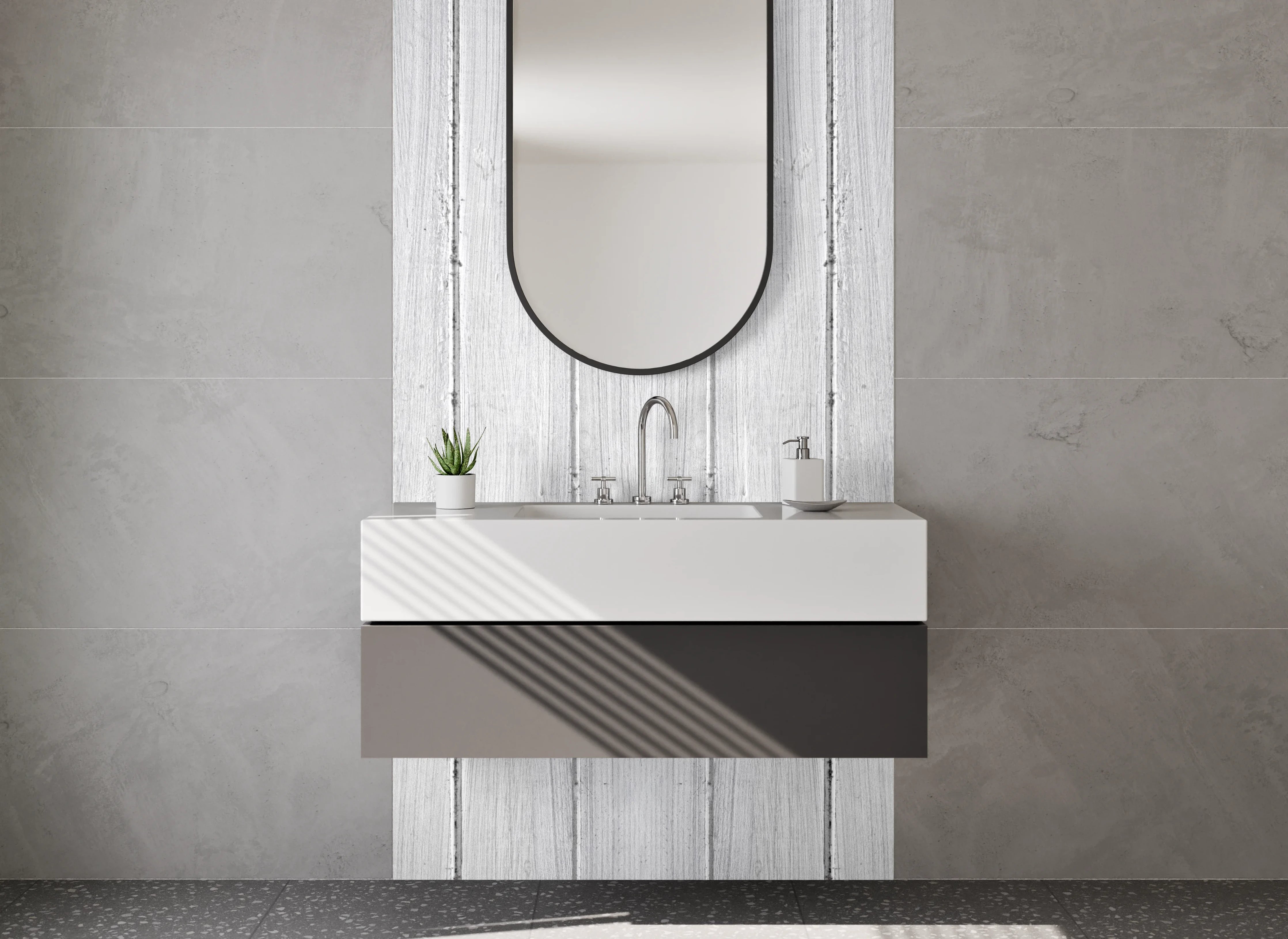 Waschbecken-Rückwand - Weiße Holzpaneele mit subtiler Maserung