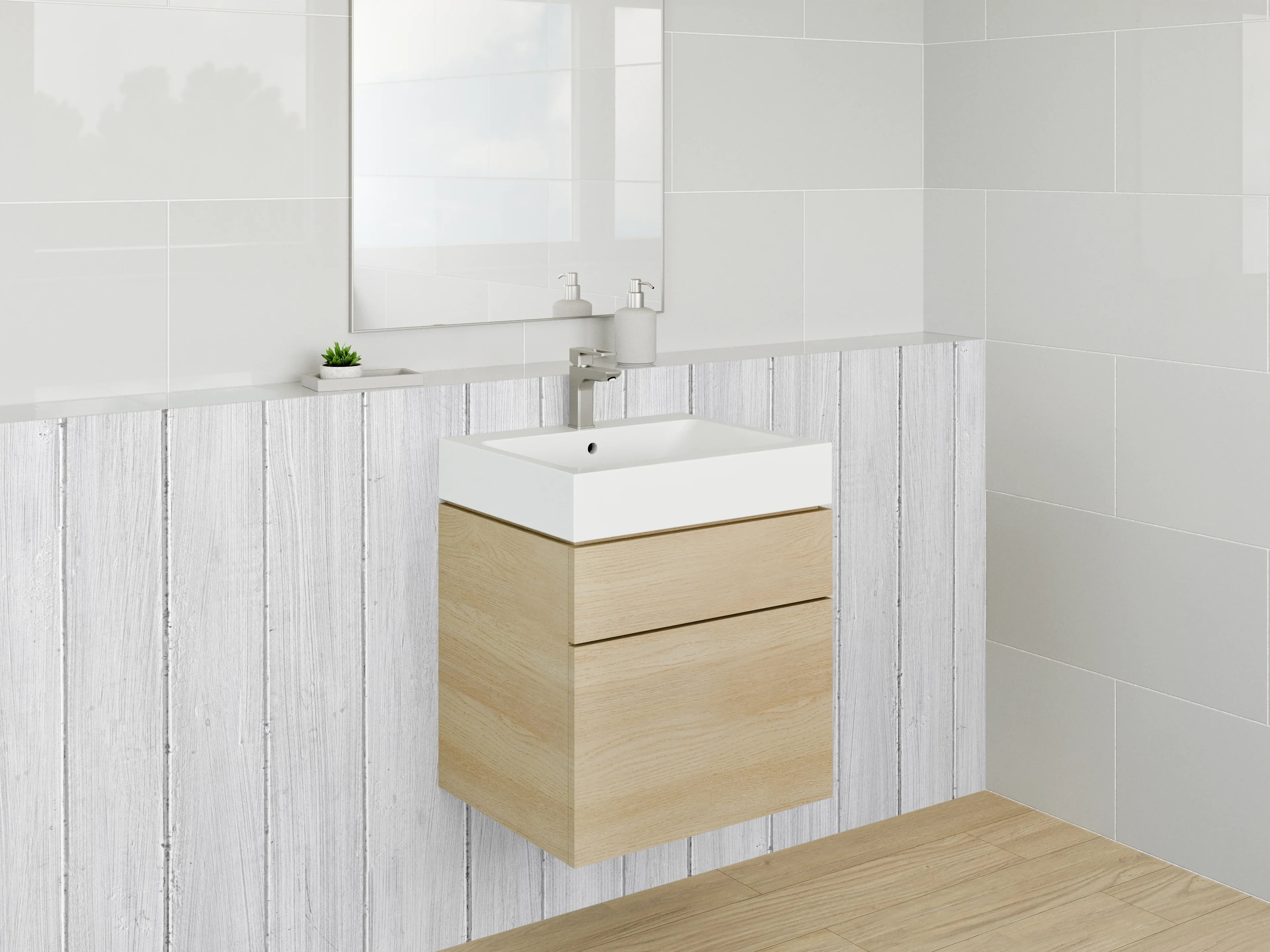 Waschbecken-Rückwand - Weiße Holzpaneele mit subtiler Maserung