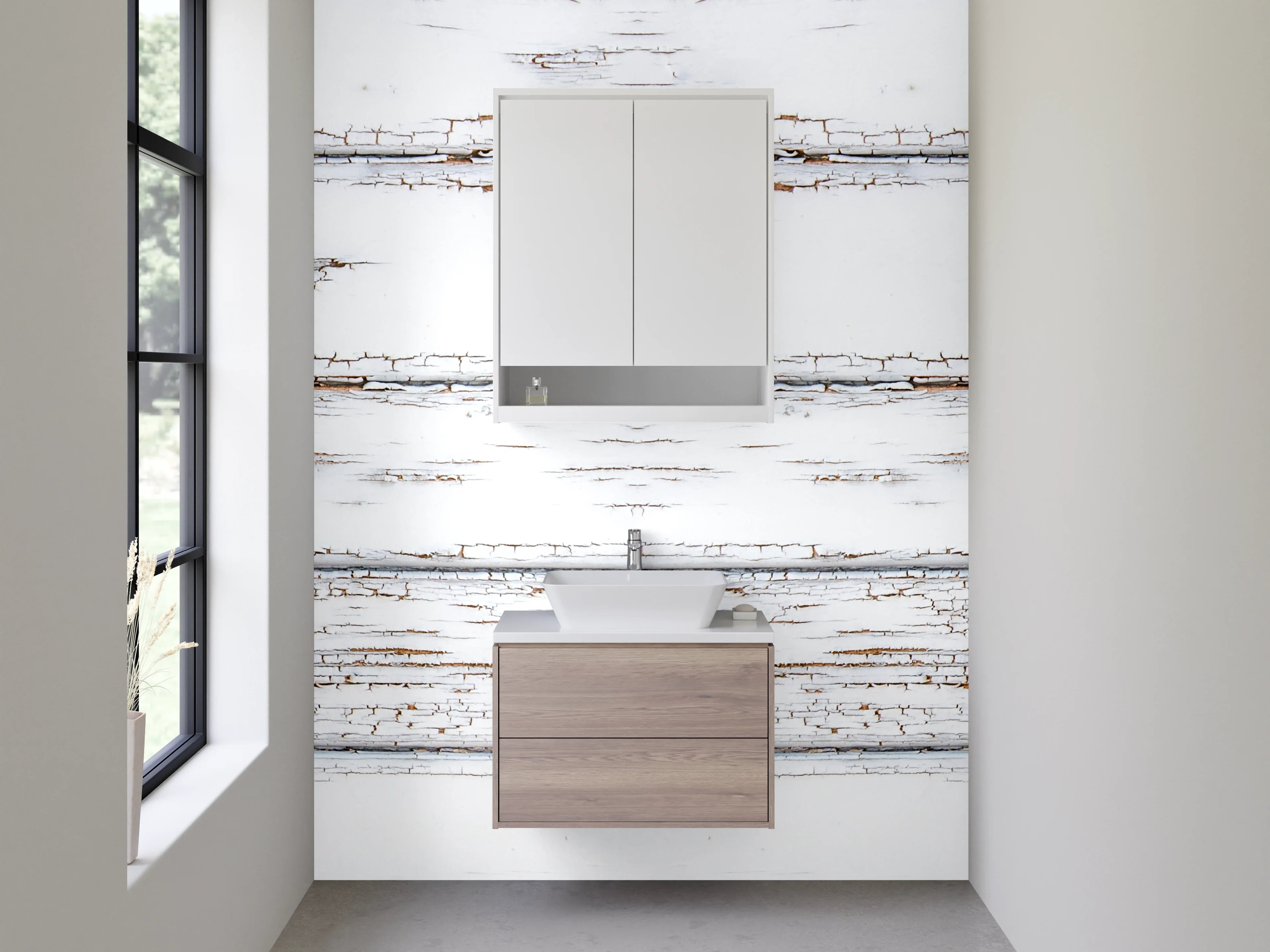 Waschbecken-Rückwand - Weiße Holzvertäfelung mit Patina