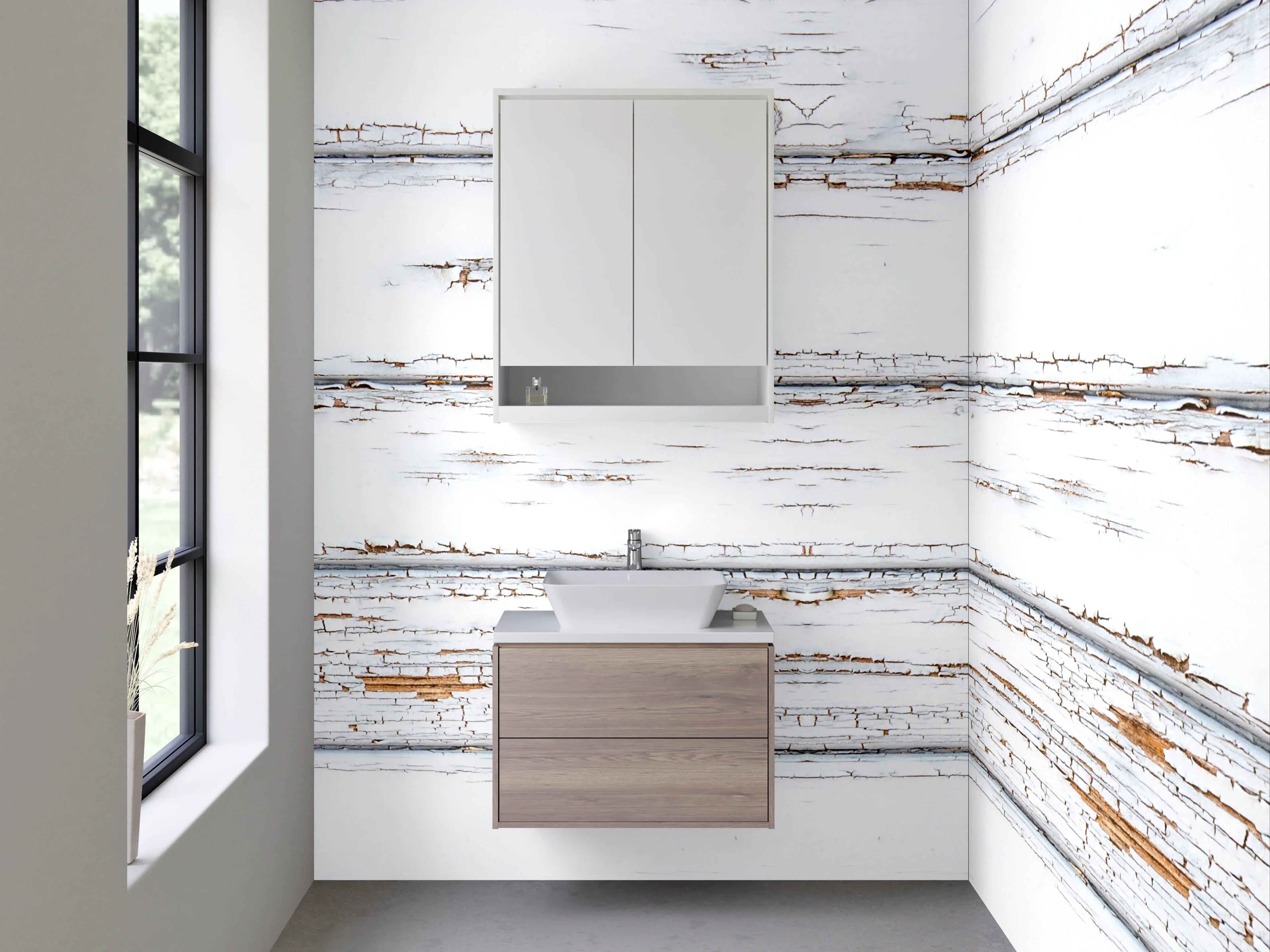 Waschbecken-Rückwand - Weiße Holzvertäfelung mit Patina