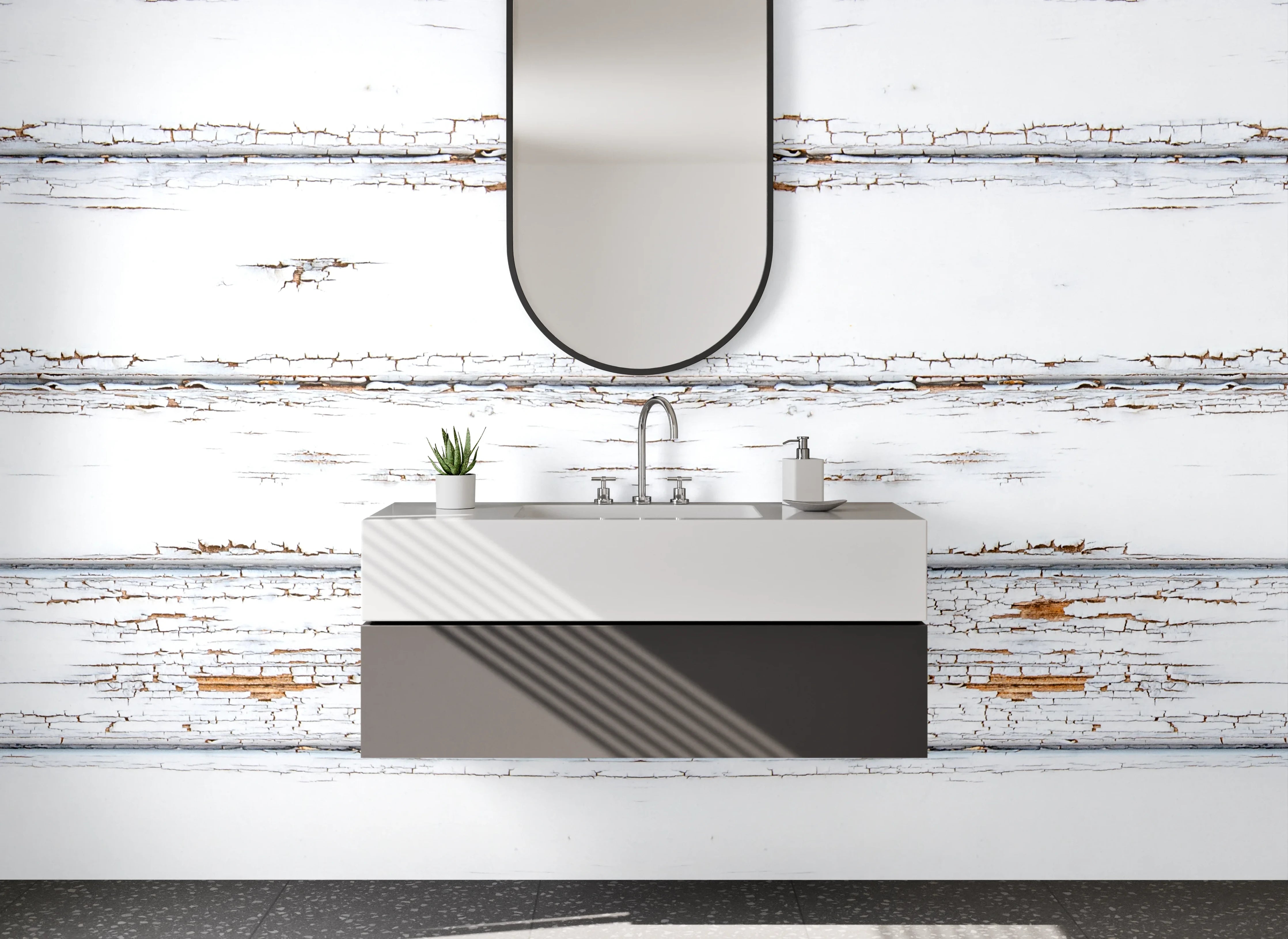 Waschbecken-Rückwand - Weiße Holzvertäfelung mit Patina