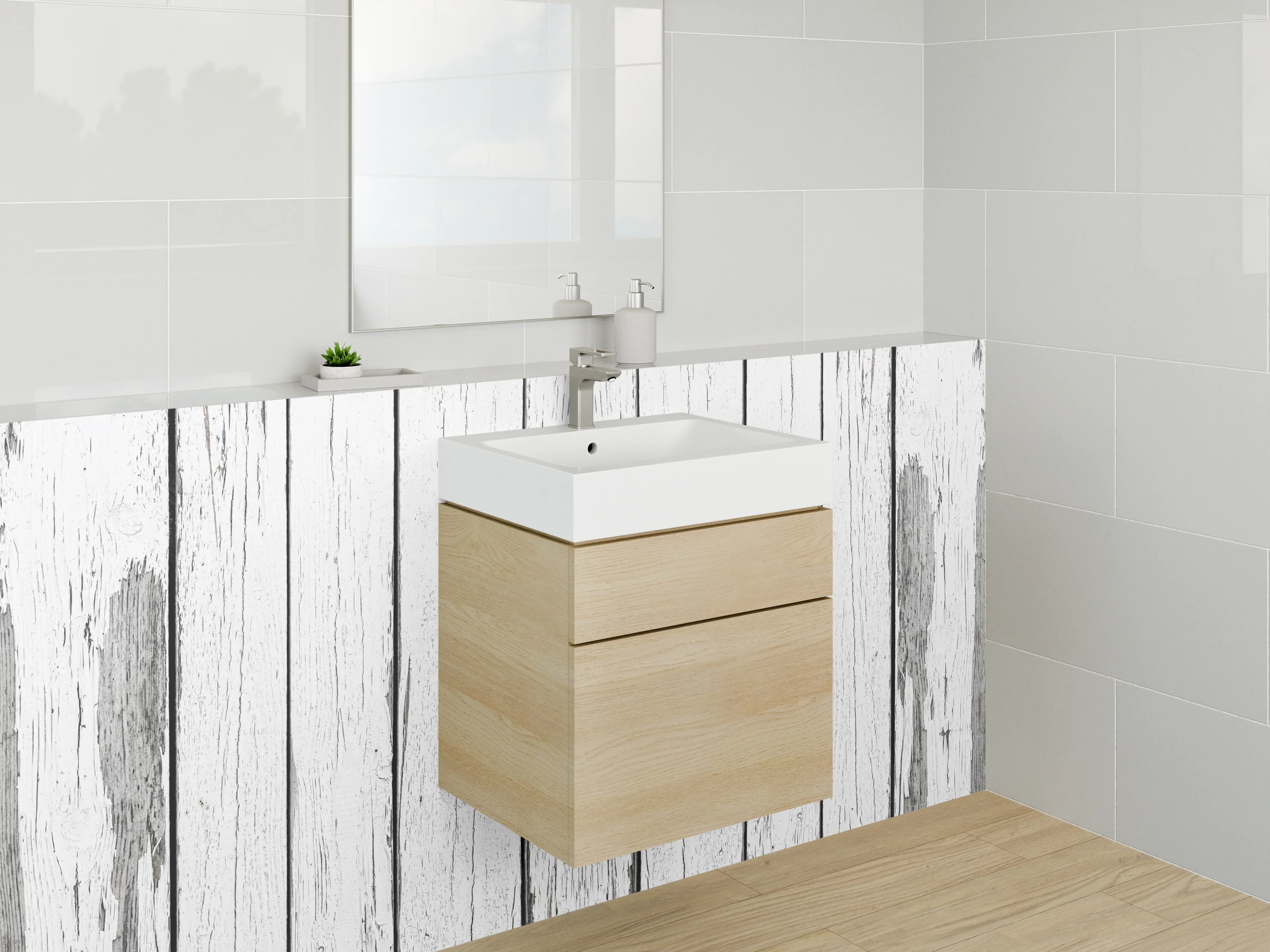 Waschbecken-Rückwand - Weiße Holzwand mit grauer Struktur