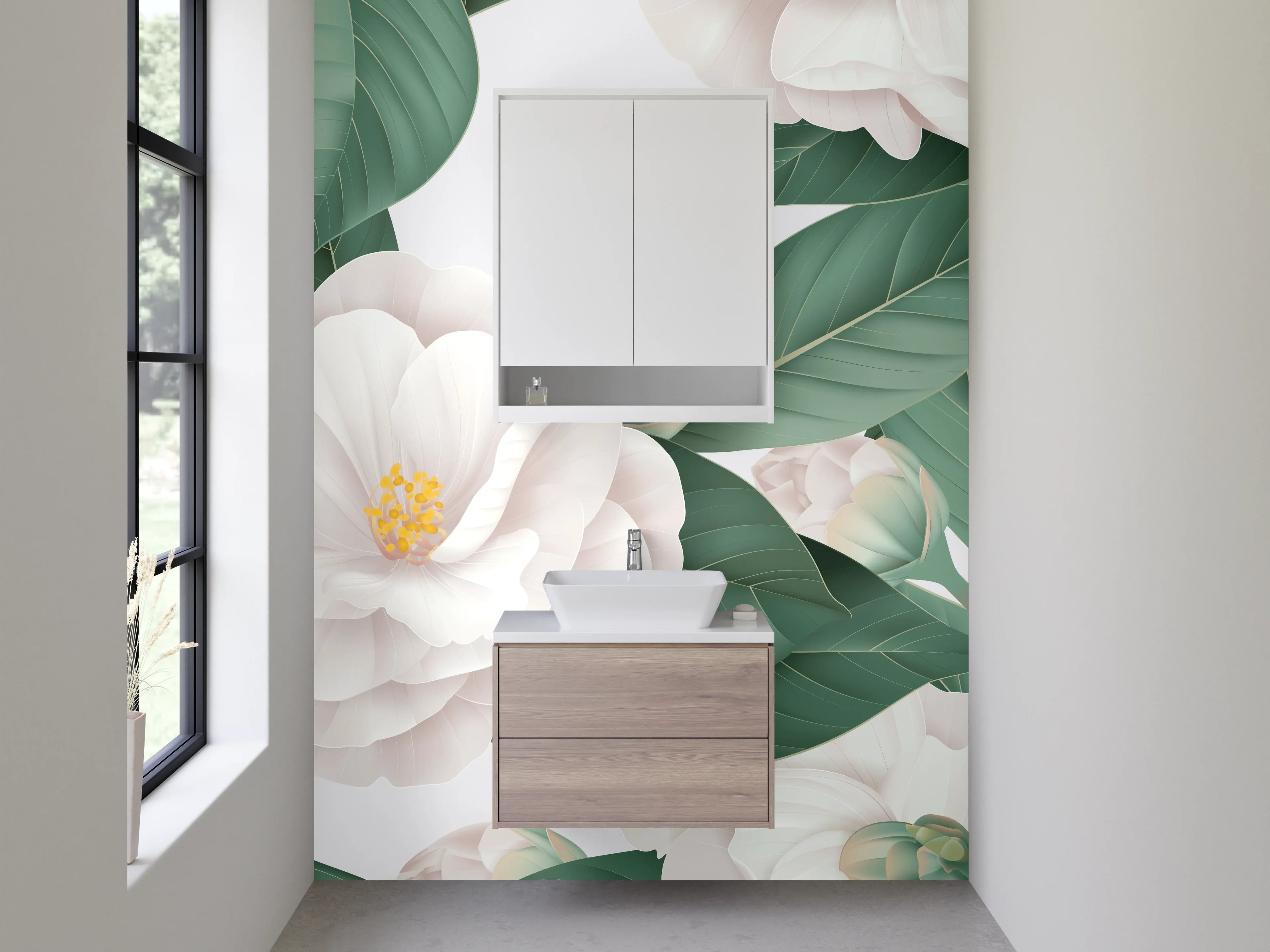 Waschbecken-Rückwand - Weiße Kamelien-Blüten Kunst-Design