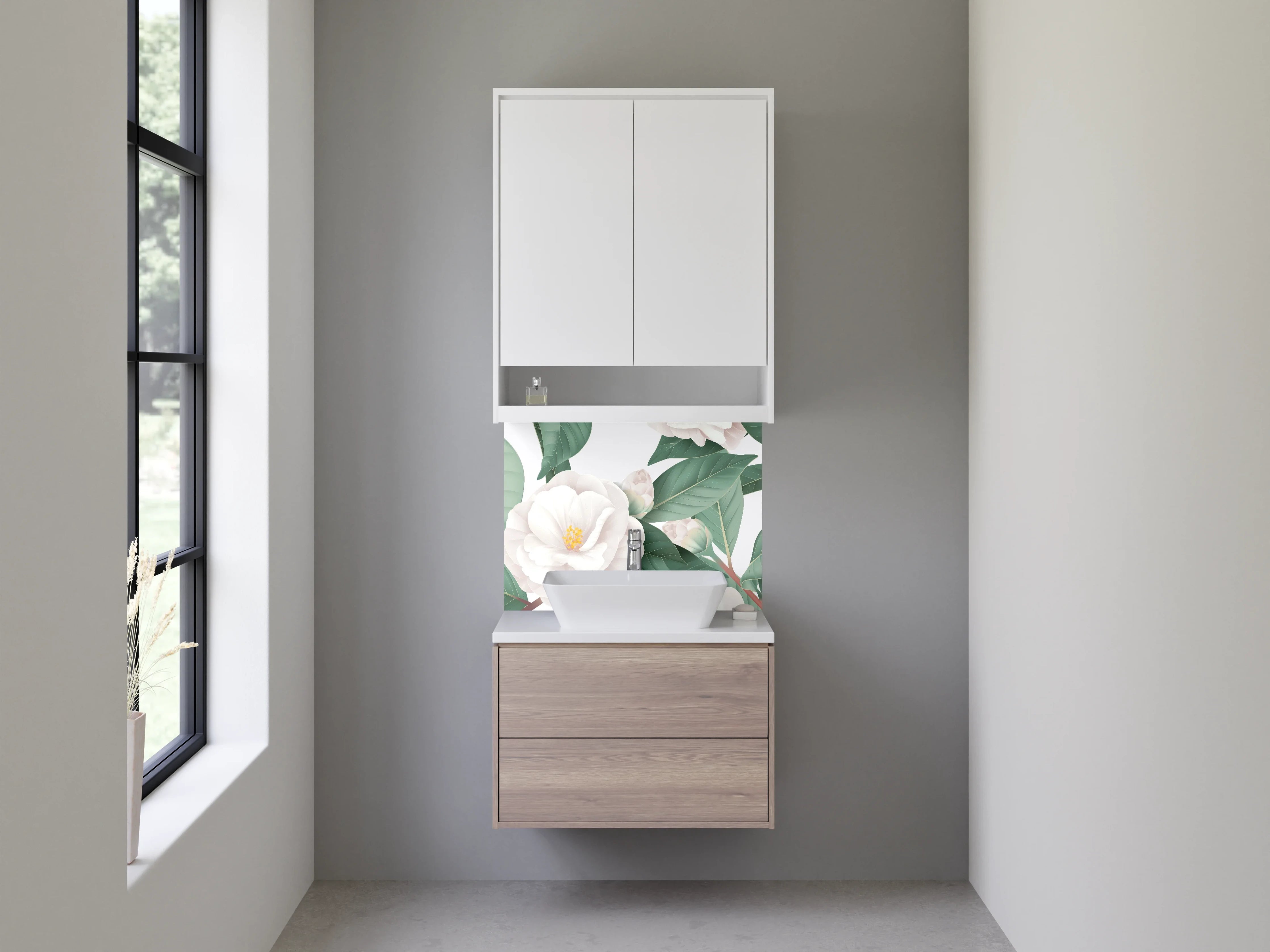 Waschbecken-Rückwand - Weiße Kamelien-Blüten Kunst-Design