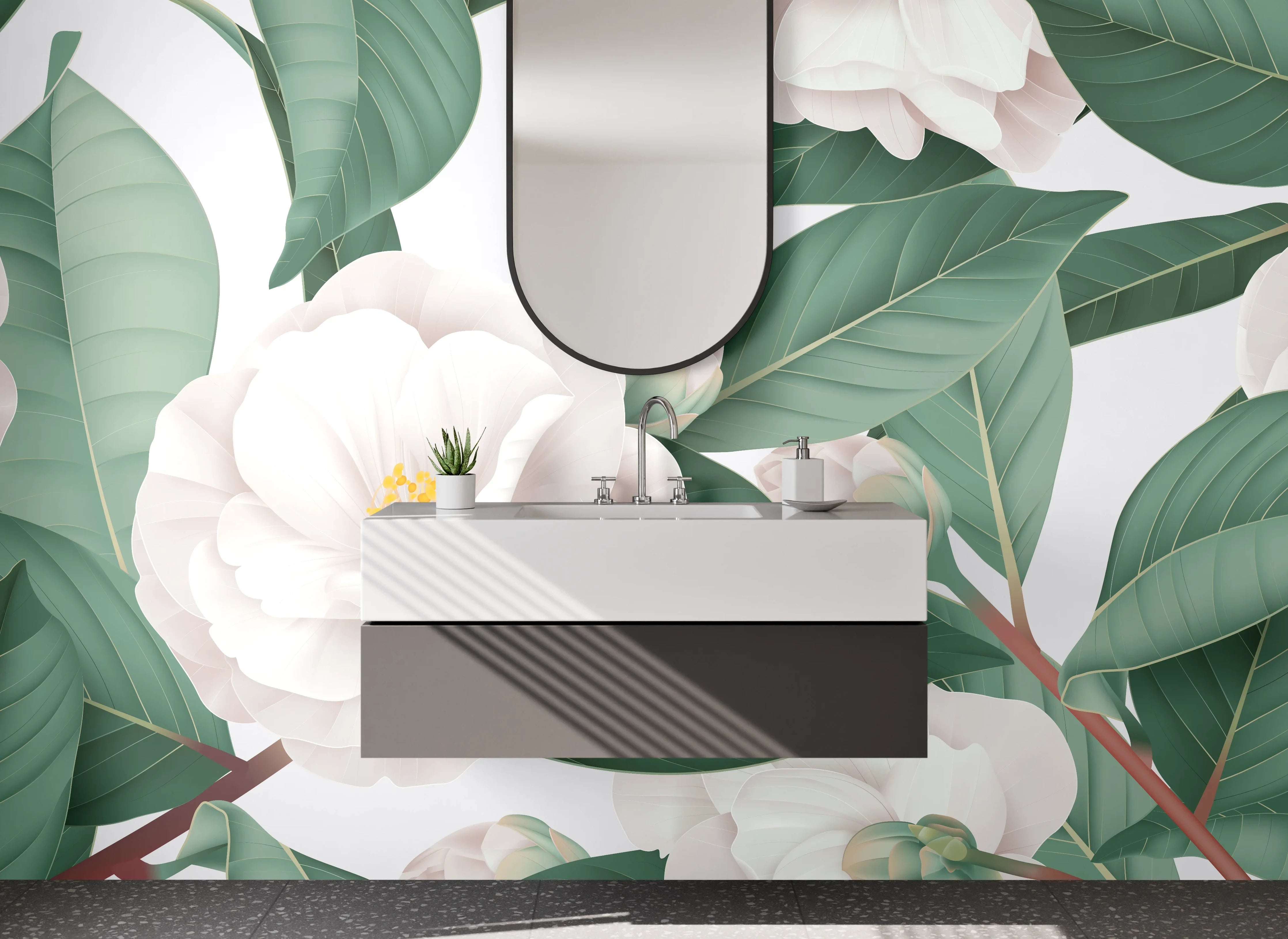 Waschbecken-Rückwand - Weiße Kamelien-Blüten Kunst-Design