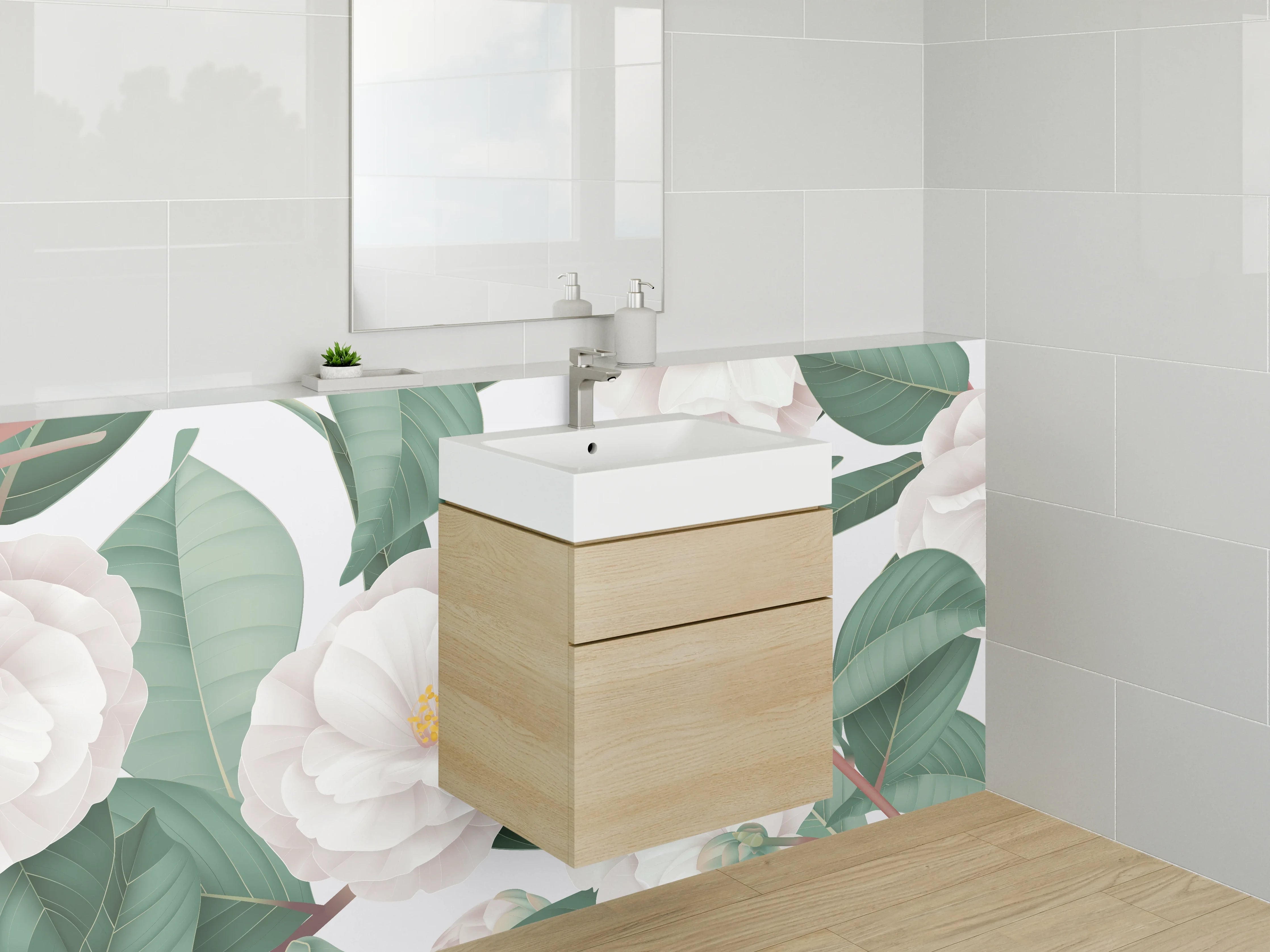 Waschbecken-Rückwand - Weiße Kamelien-Blüten Kunst-Design