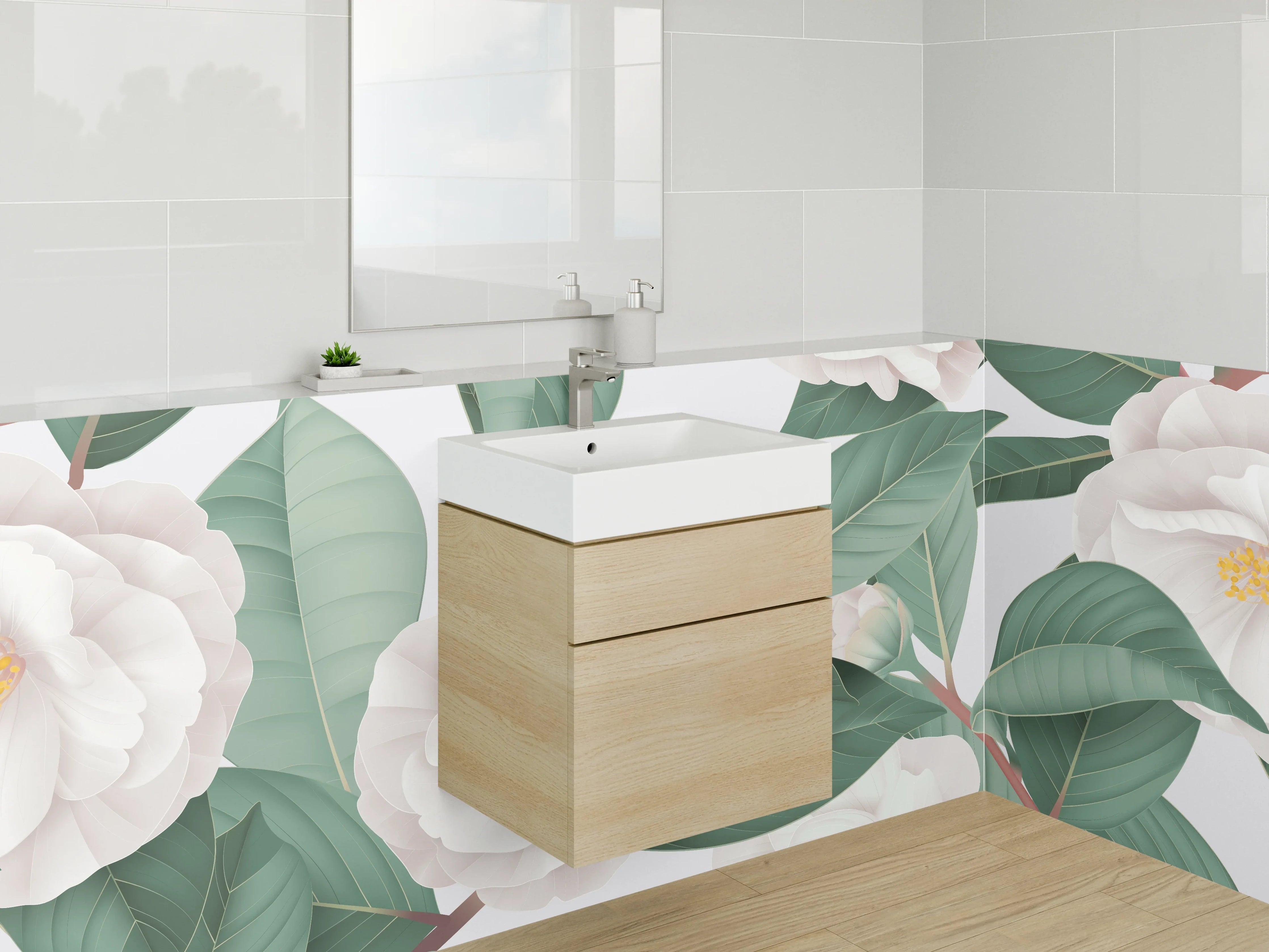 Waschbecken-Rückwand - Weiße Kamelien-Blüten Kunst-Design