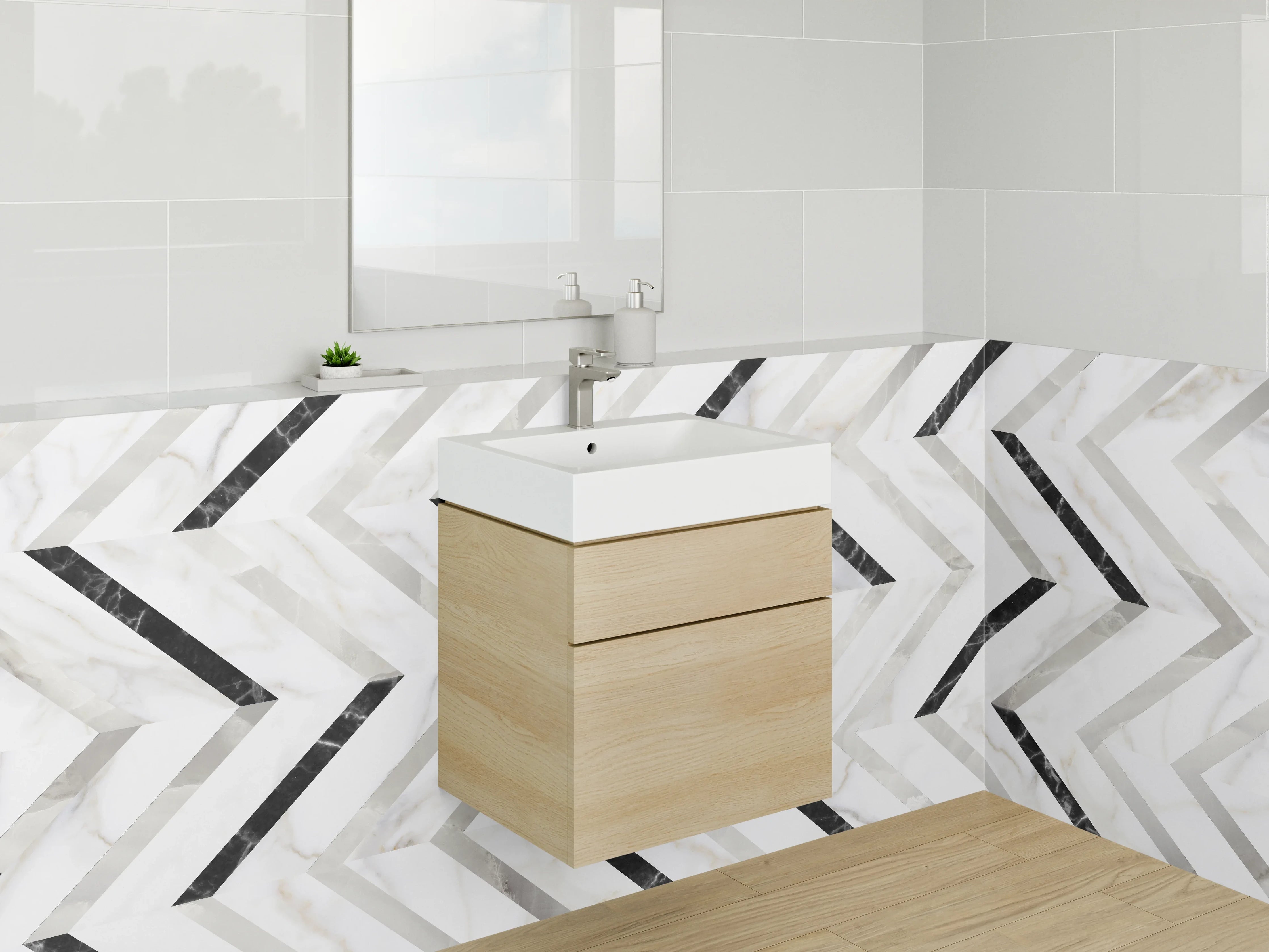 Waschbecken-Rückwand - Weiße Marmor Chevron Fliesenmuster