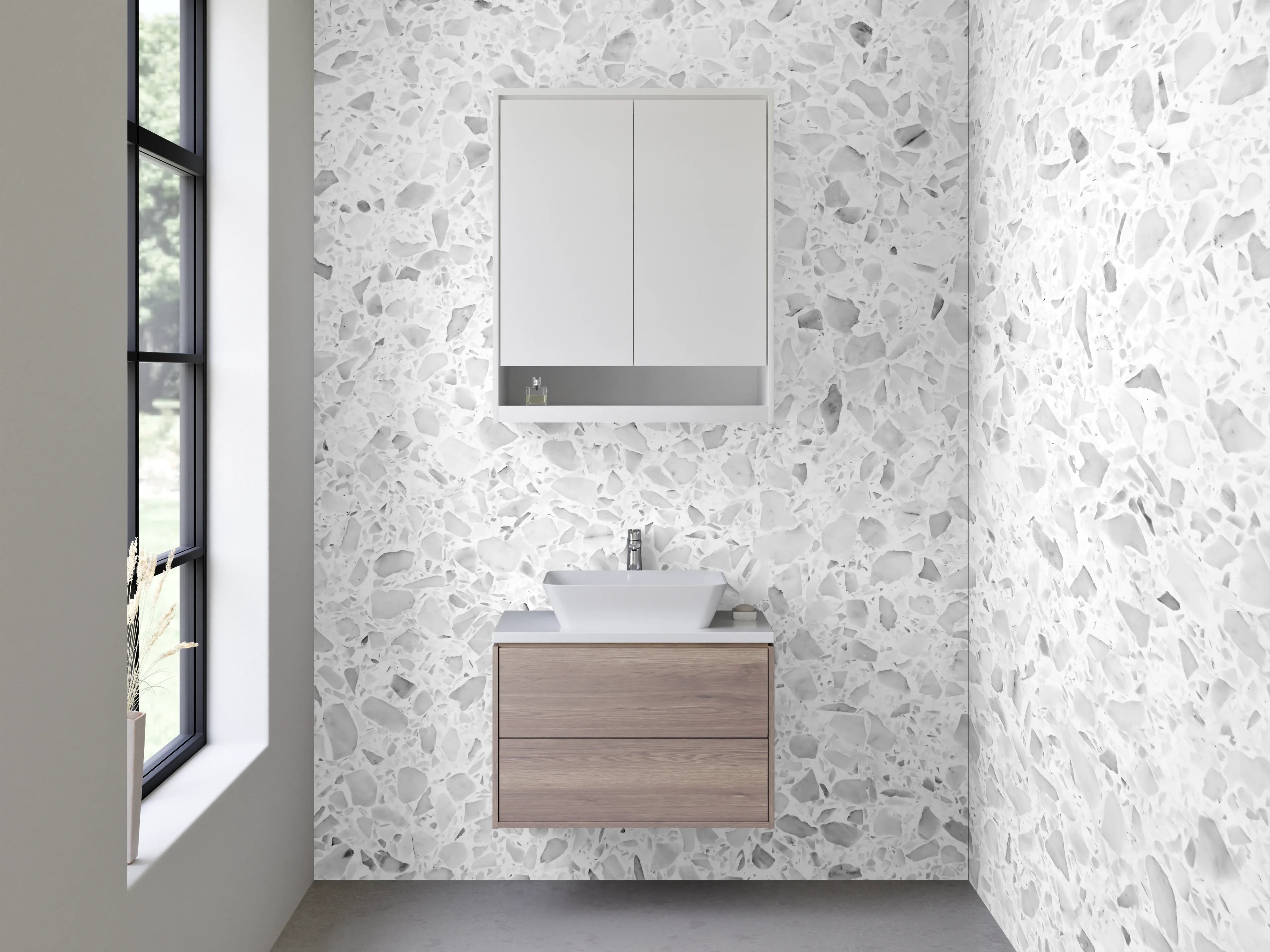 Waschbecken-Rückwand - Weiße Marmor-Textur mit Grautönen