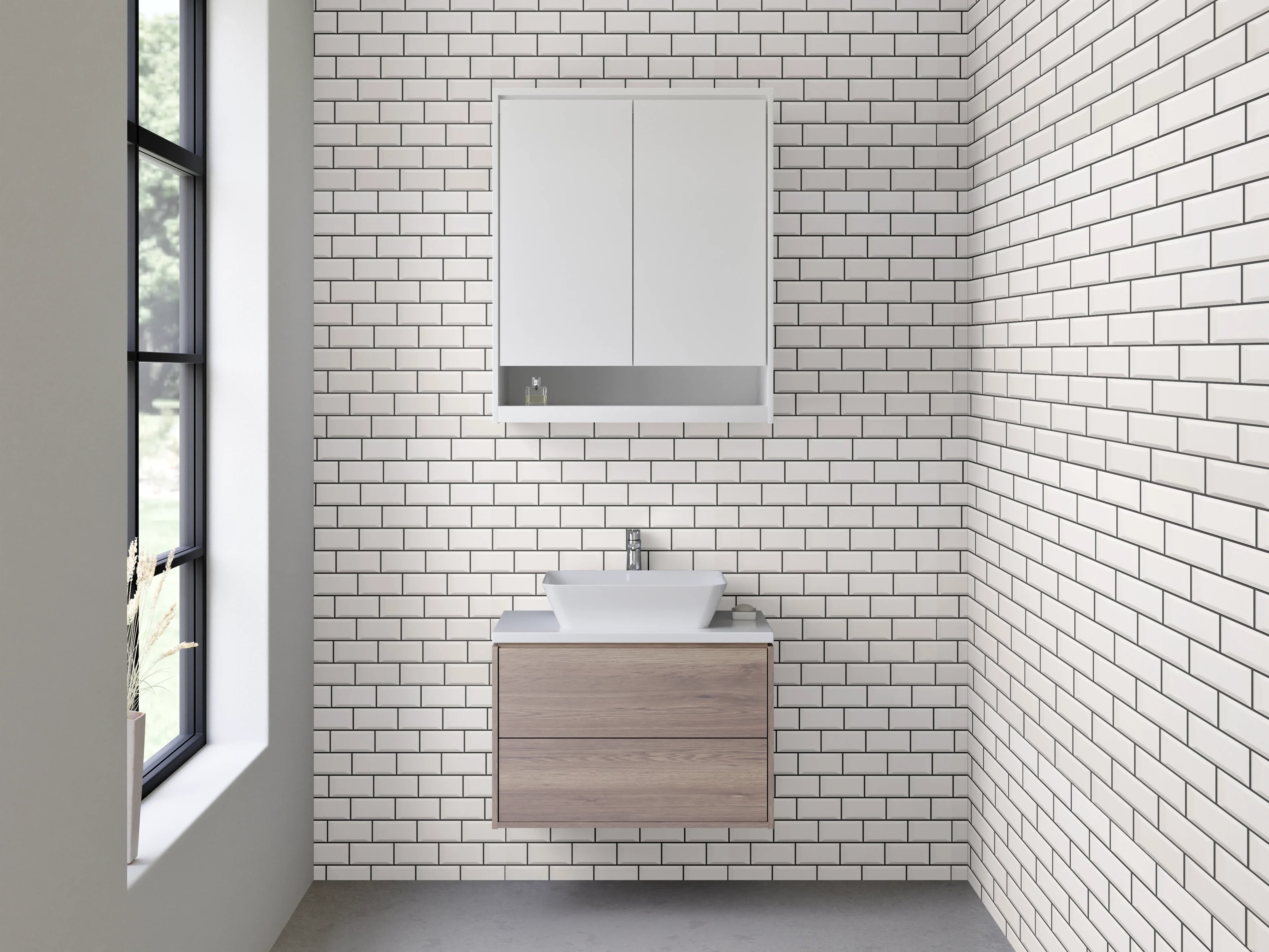 Waschbecken-Rückwand - Weiße Mosaikfliesen Ziegeloptik modern