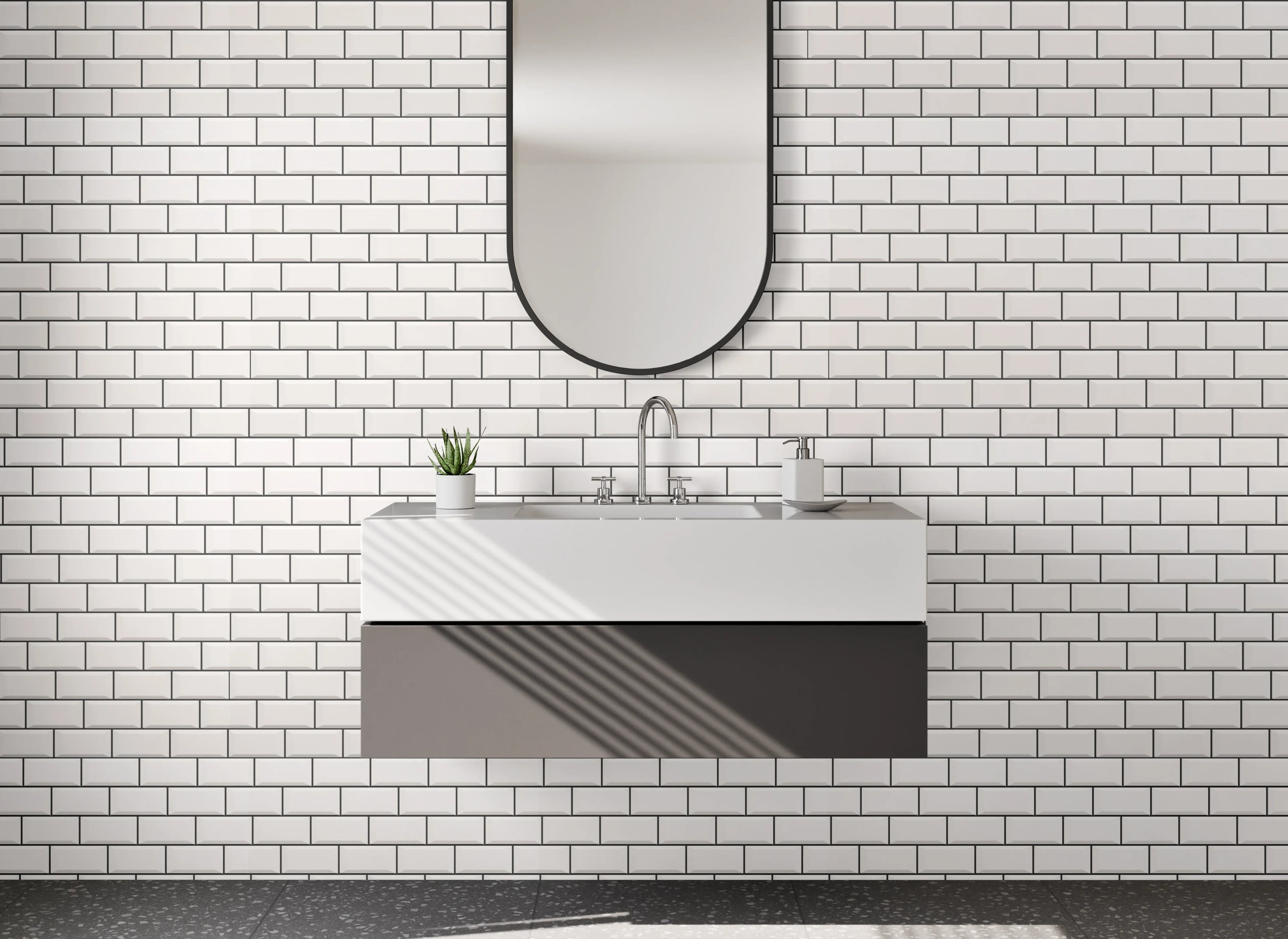 Waschbecken-Rückwand - Weiße Mosaikfliesen Ziegeloptik modern